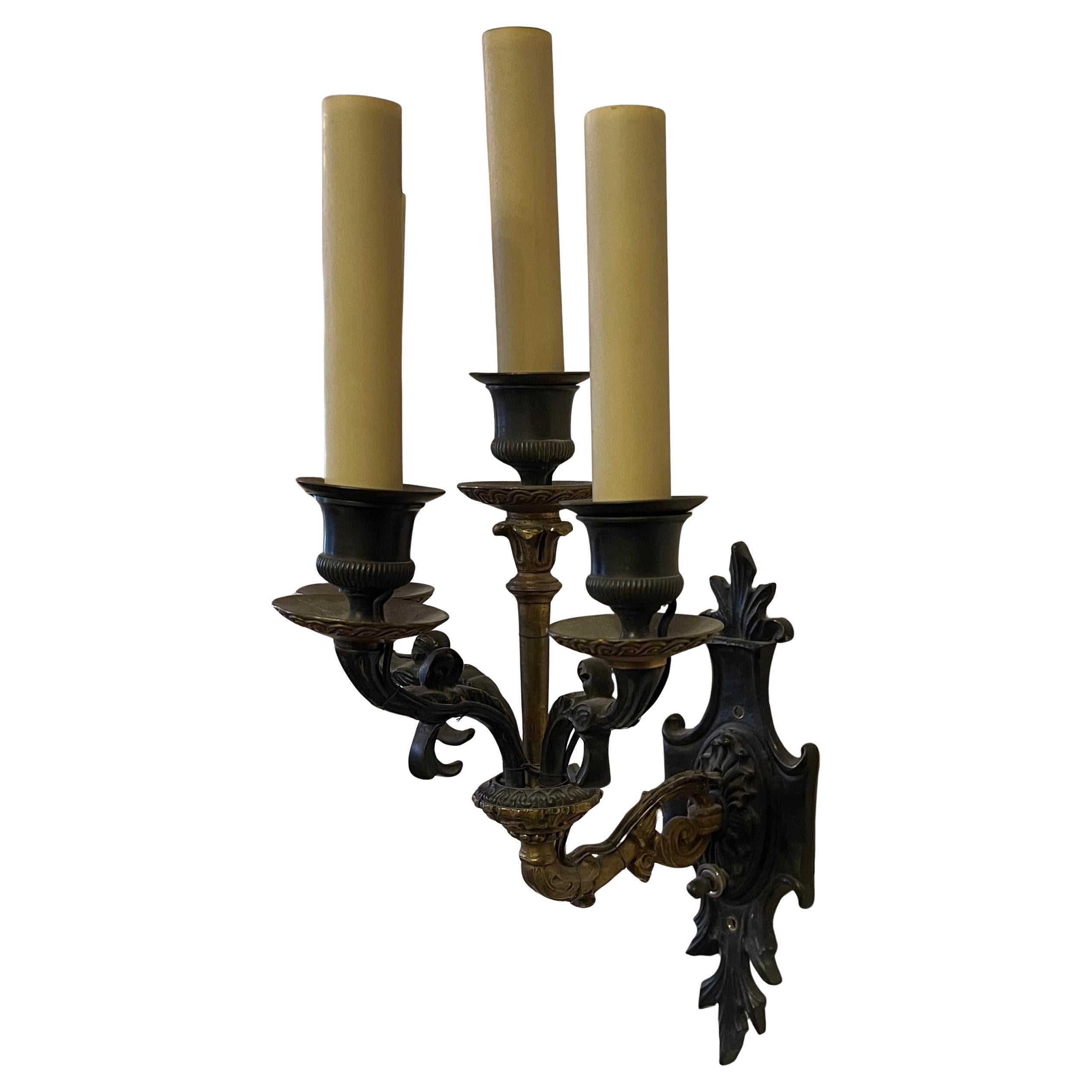 Wonderful Pair French Empire Neoclassical Regency Gilt Bronze Patinated Sconces