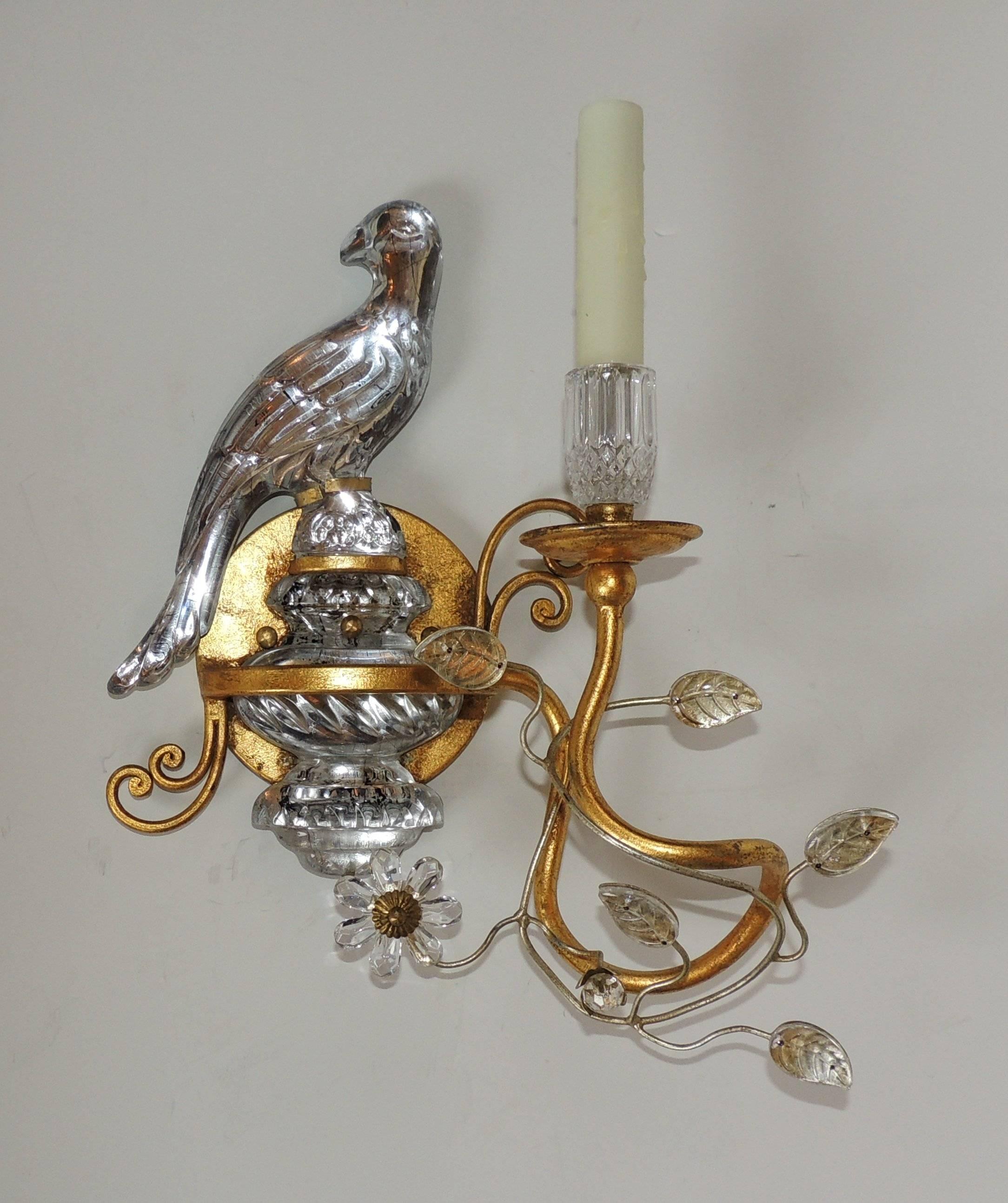 German Wonderful Pair of Bagues Style Vintage Gilt and Rock Crystal Parrot Bird Sconces