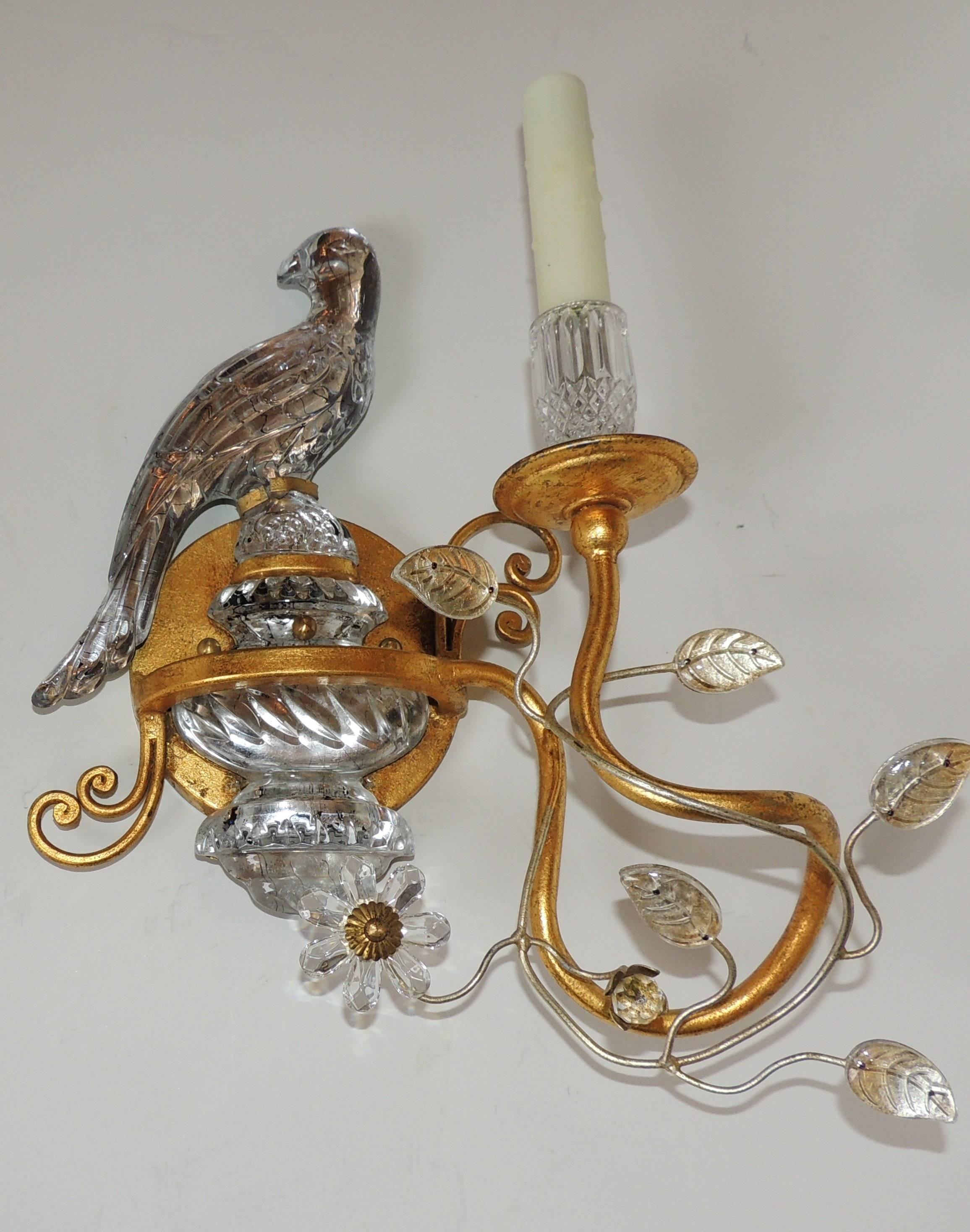 Wonderful Pair of Bagues Style Vintage Gilt and Rock Crystal Parrot Bird Sconces In Good Condition In Roslyn, NY