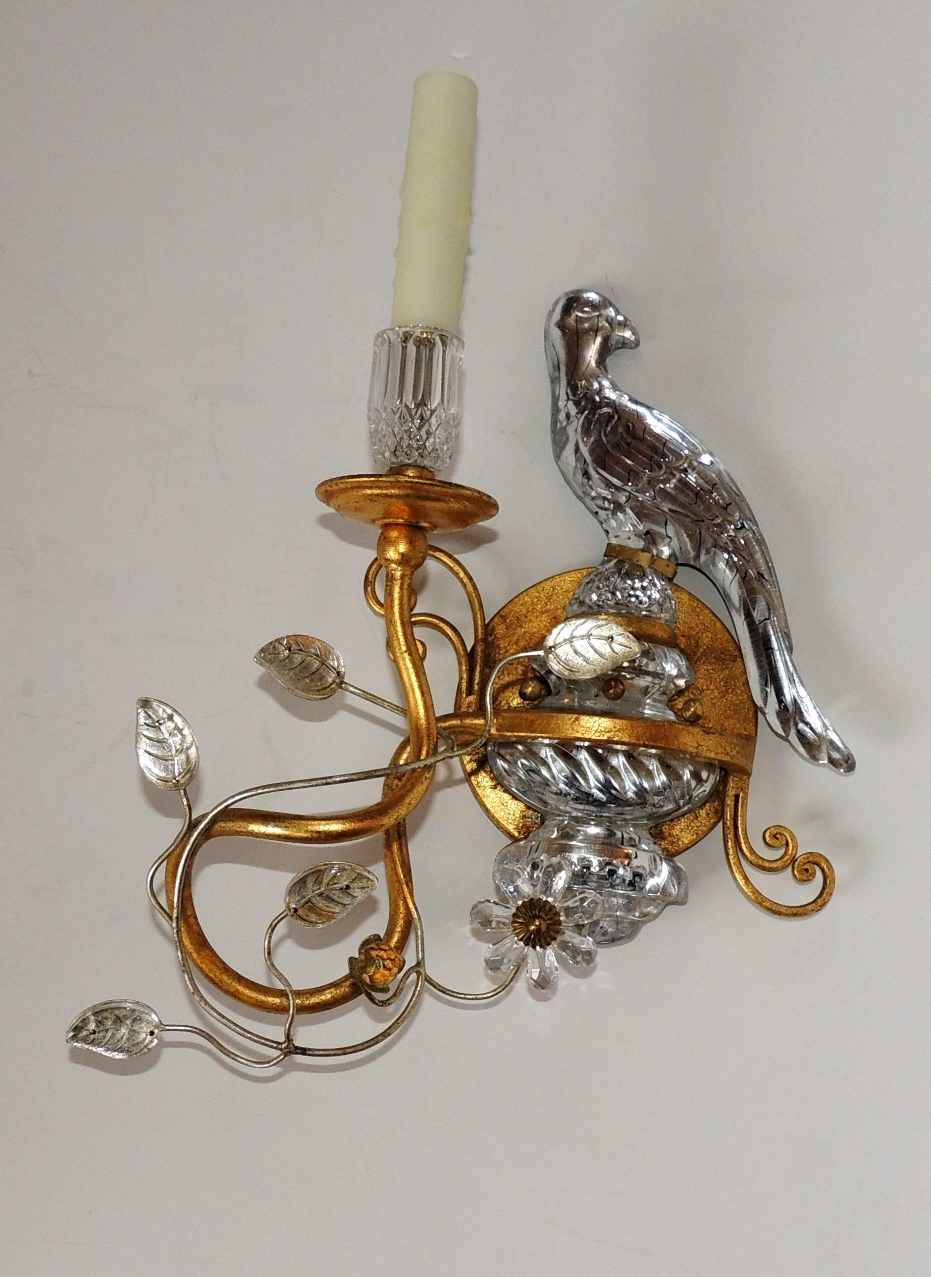 Mid-20th Century Wonderful Pair of Bagues Style Vintage Gilt and Rock Crystal Parrot Bird Sconces