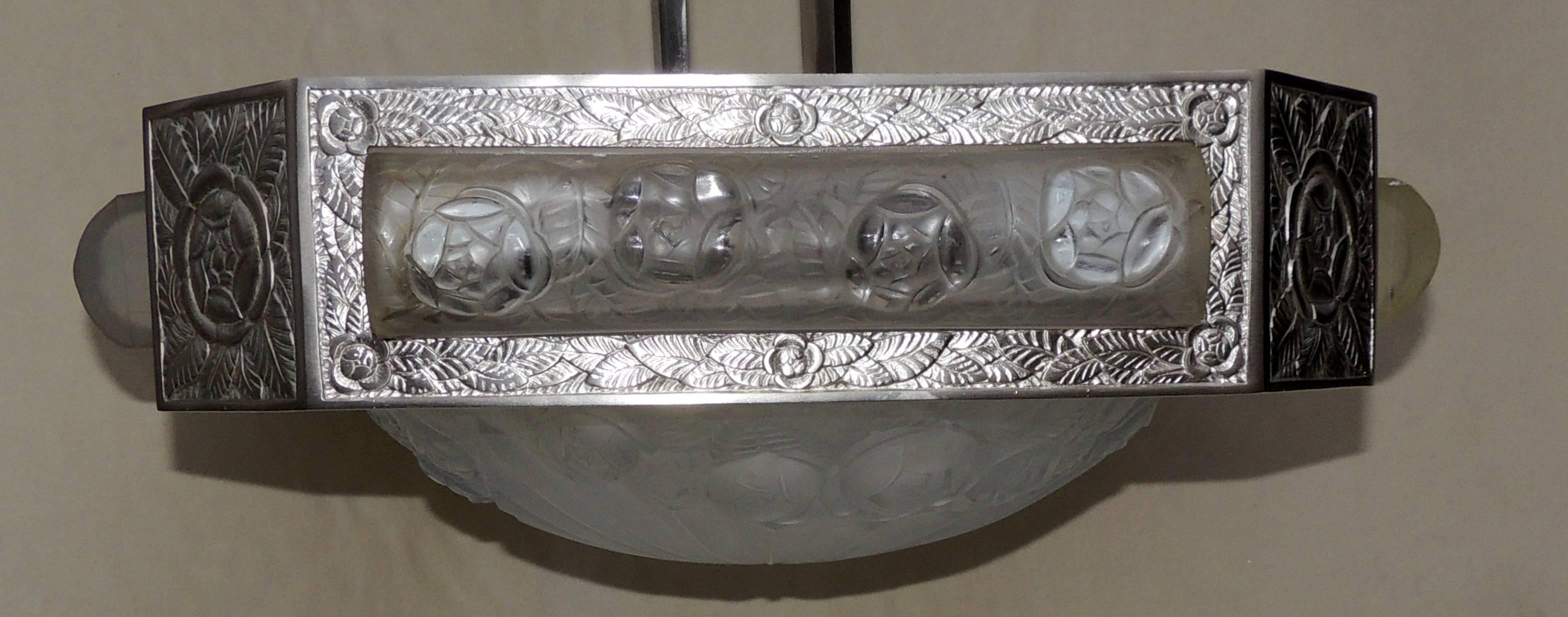 Silvered Wonderful French Art Deco Degue Square Frosted Art Glass Chandelier Fixture