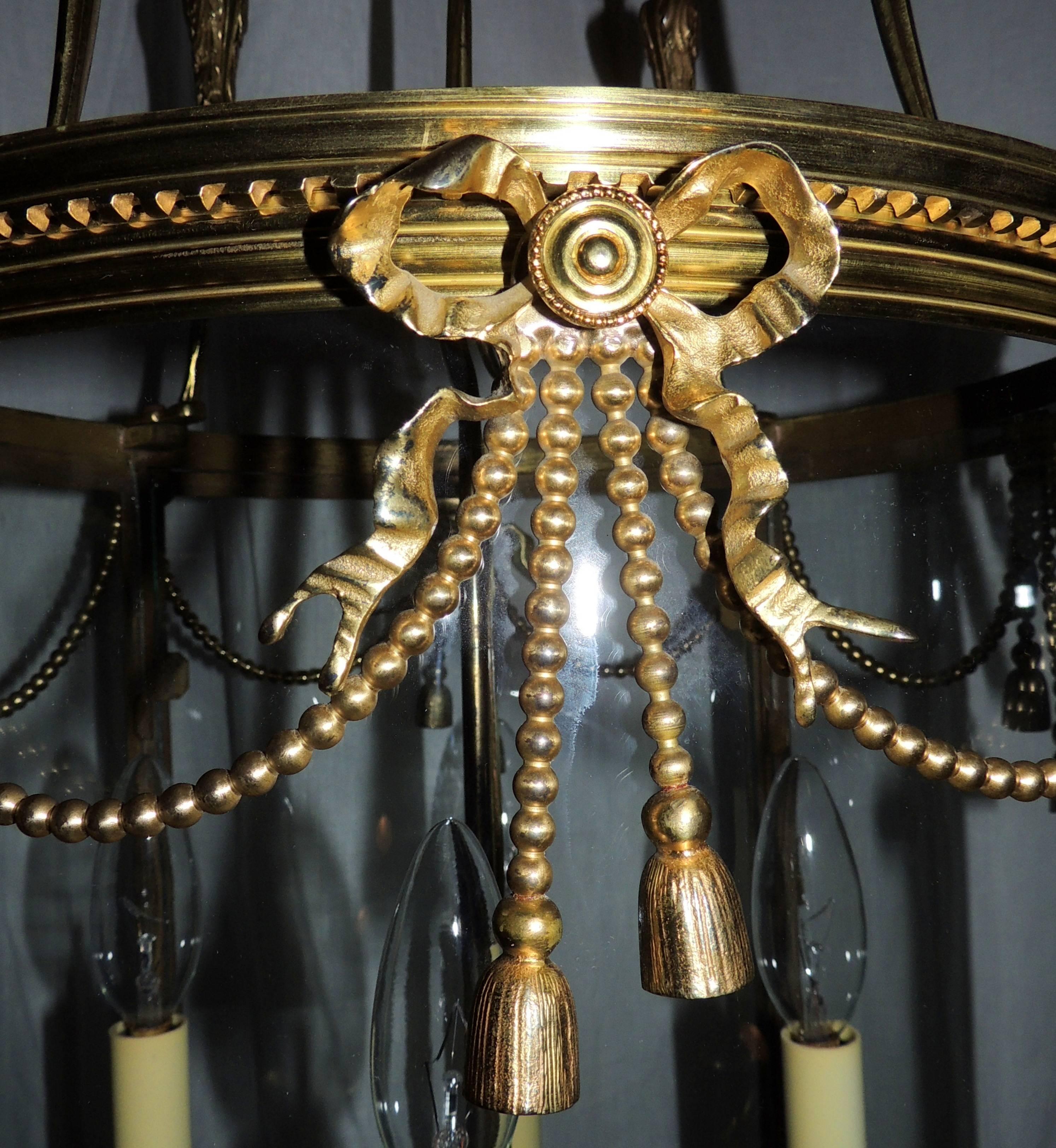 Early 20th Century Outstanding Large French Gilt Bronze Ribbon Bow Lantern Fine Chandelier Fixture For Sale