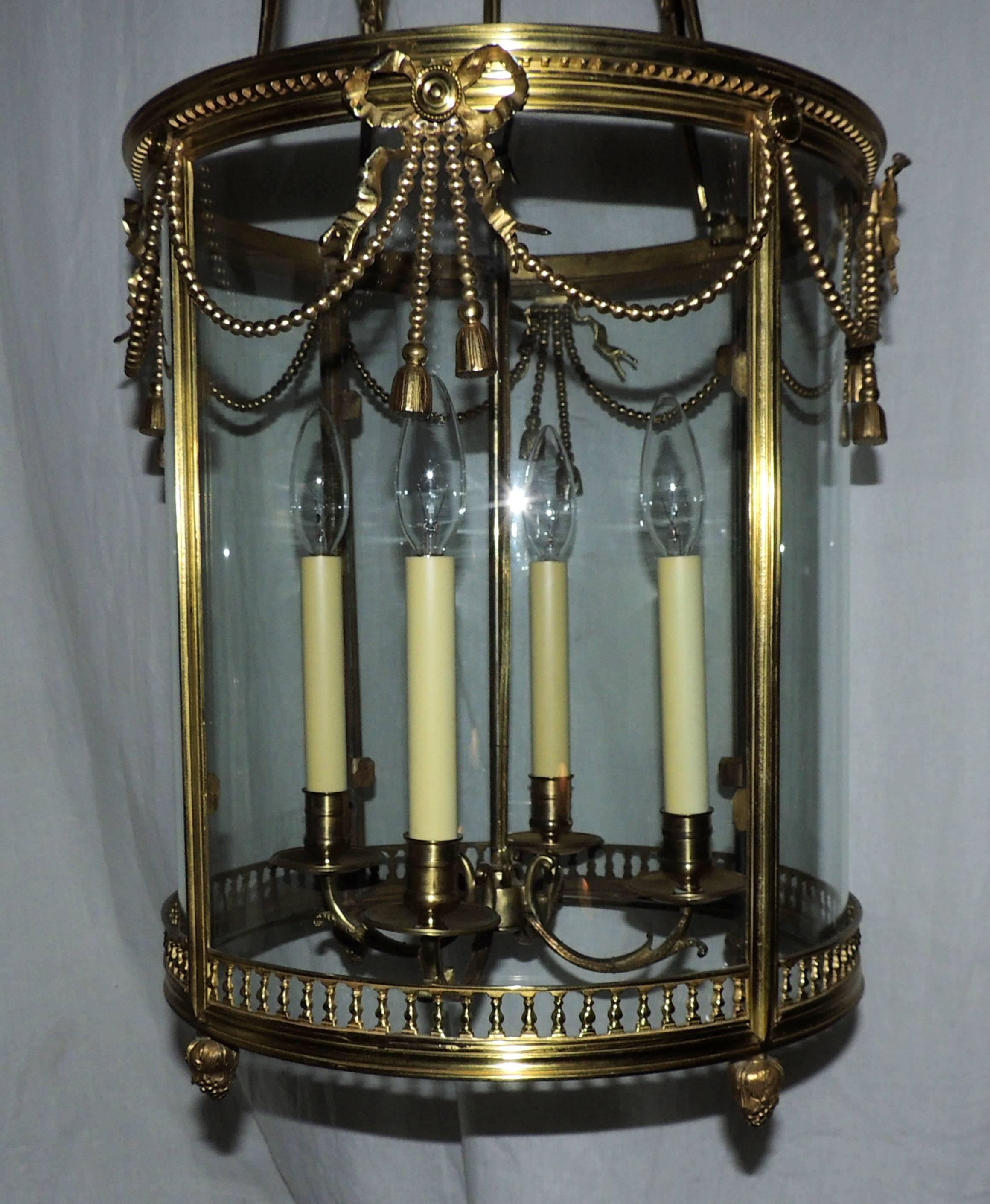 Outstanding Large French Gilt Bronze Ribbon Bow Lantern Fine Chandelier Fixture For Sale 1