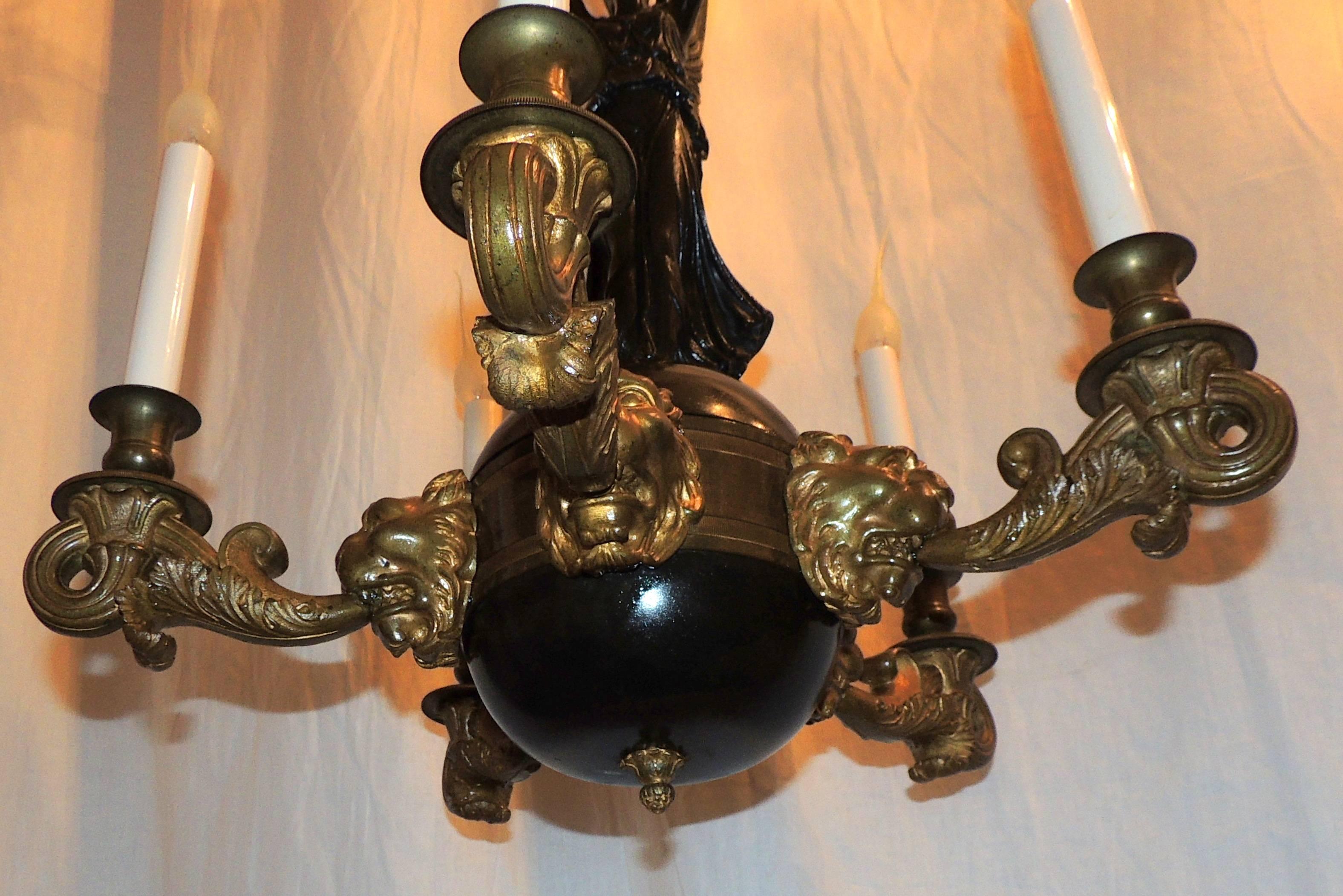 Wonderful French Empire Neoclassical Doré Bronze Patina Figural Lion Chandelier 1