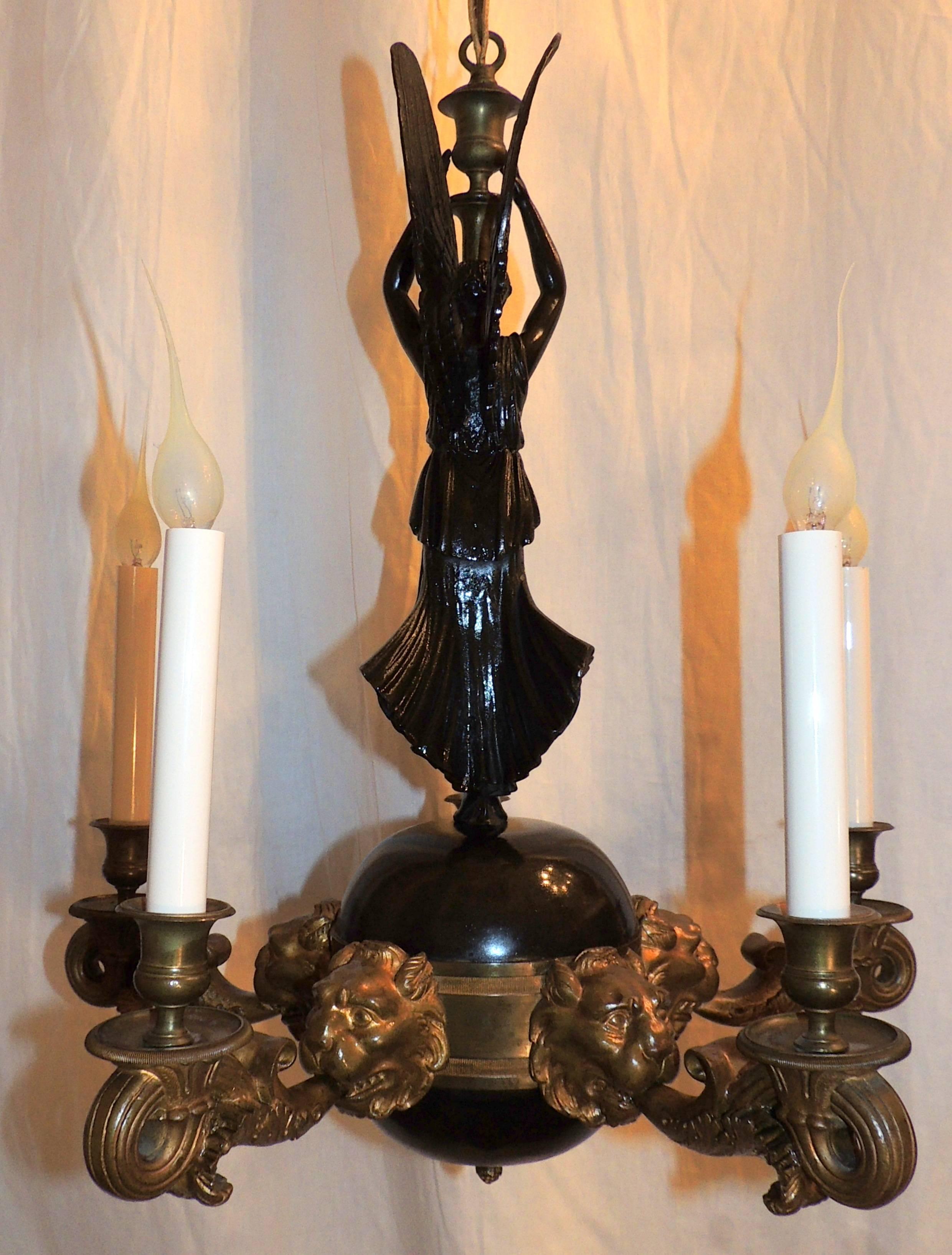Wonderful French Empire Neoclassical Doré Bronze Patina Figural Lion Chandelier 4