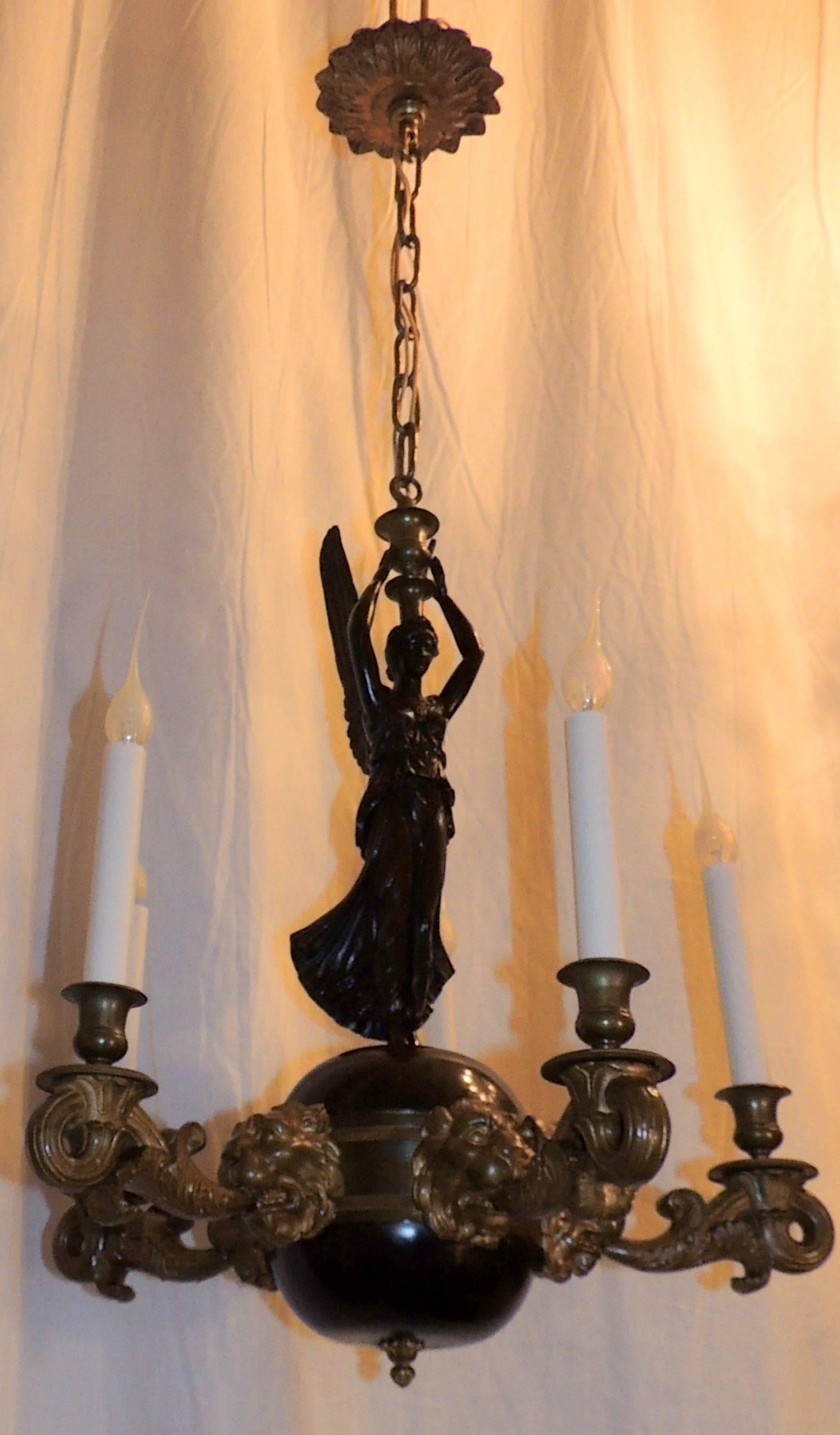 Wonderful French Empire Neoclassical Doré Bronze Patina Figural Lion Chandelier 5