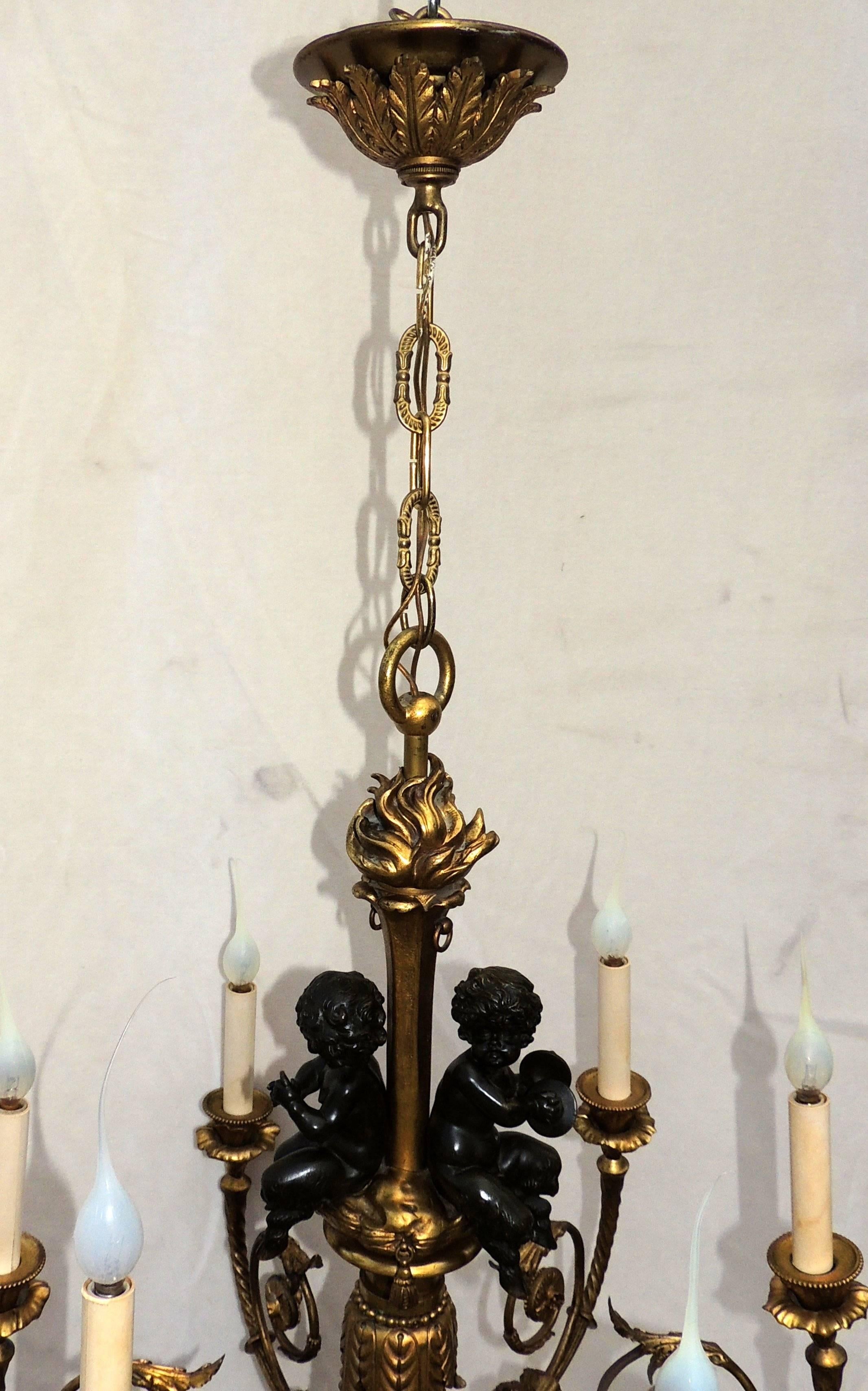 Wonderful French Doré Bronze Patinated Cherubs Putti Chandelier Fixture In Good Condition For Sale In Roslyn, NY