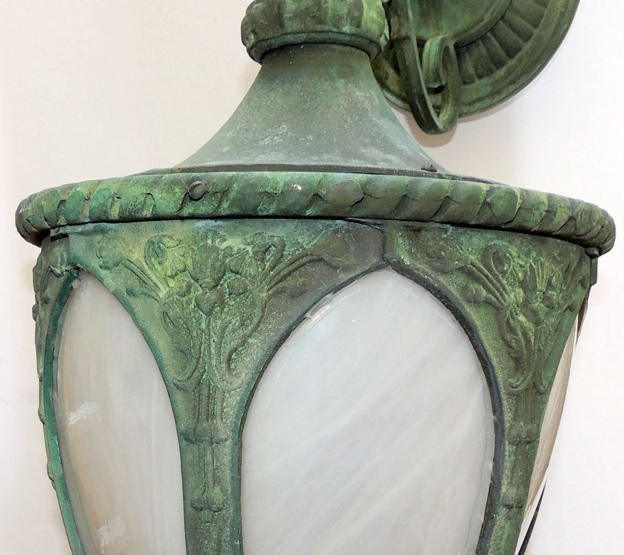 French Outstanding Set of Four 19th Century Bronze Green Leaded Glass Lanterns