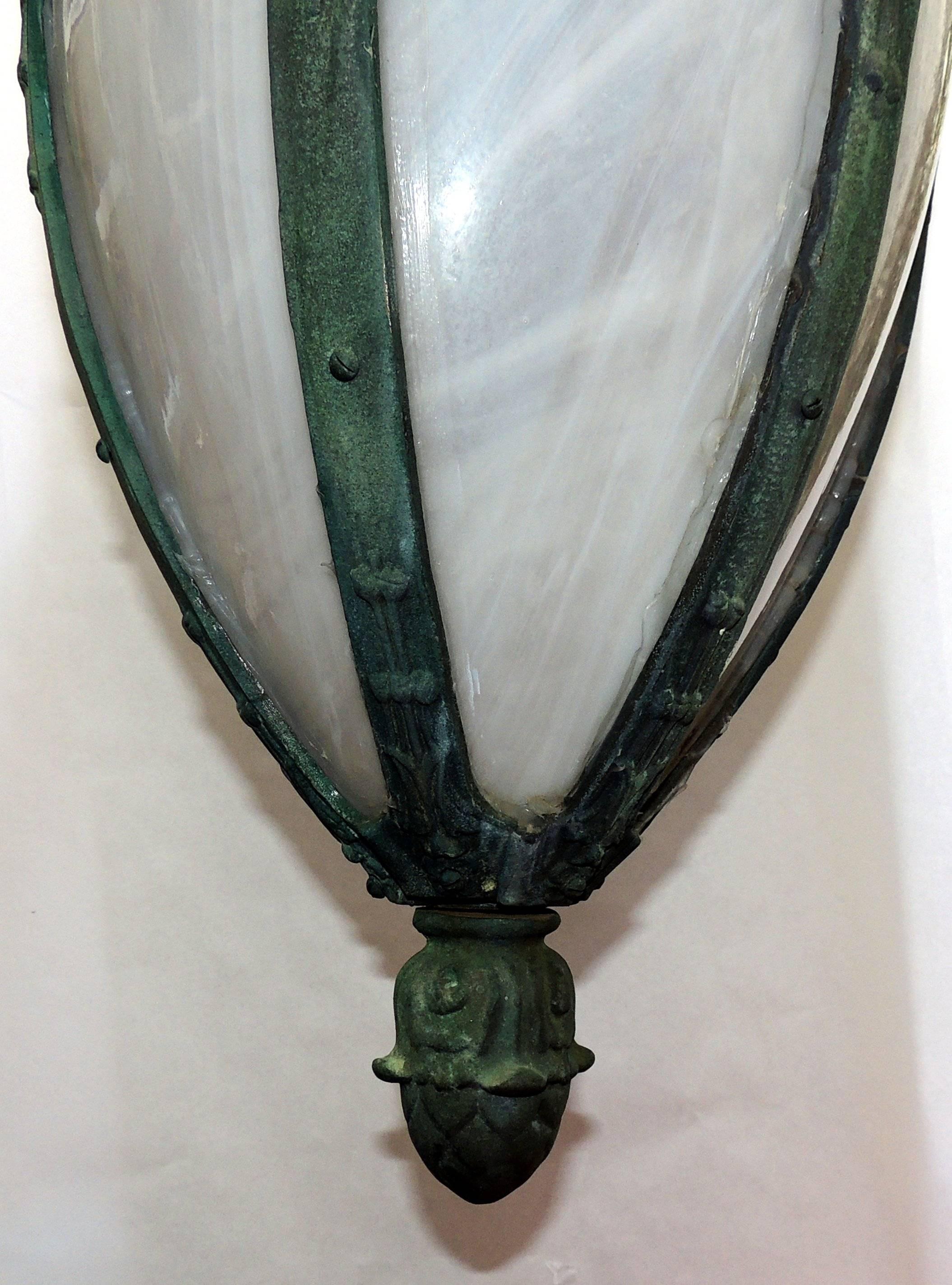 Patinated Outstanding Set of Four 19th Century Bronze Green Leaded Glass Lanterns