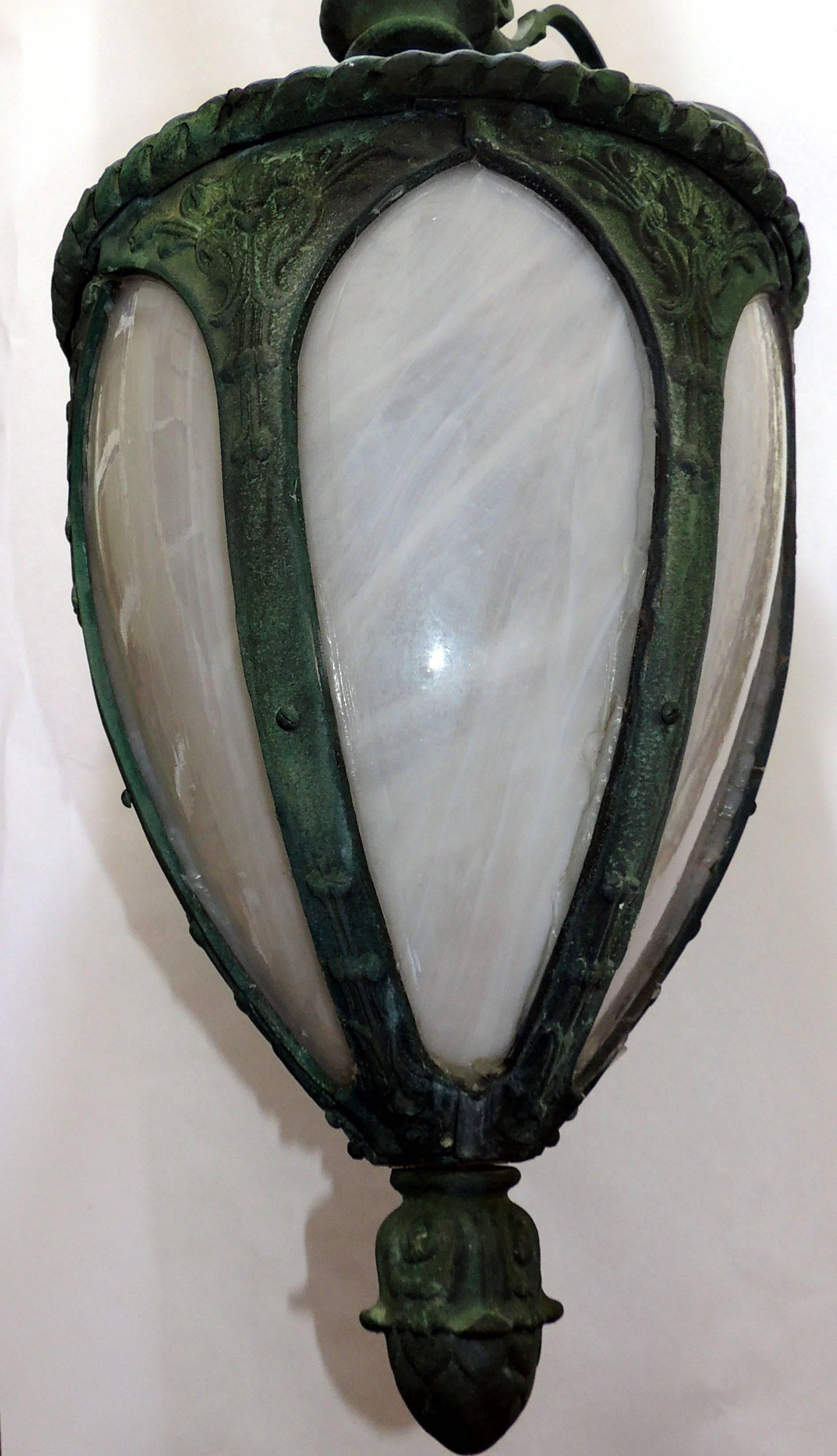 Outstanding Set of Four 19th Century Bronze Green Leaded Glass Lanterns In Good Condition In Roslyn, NY
