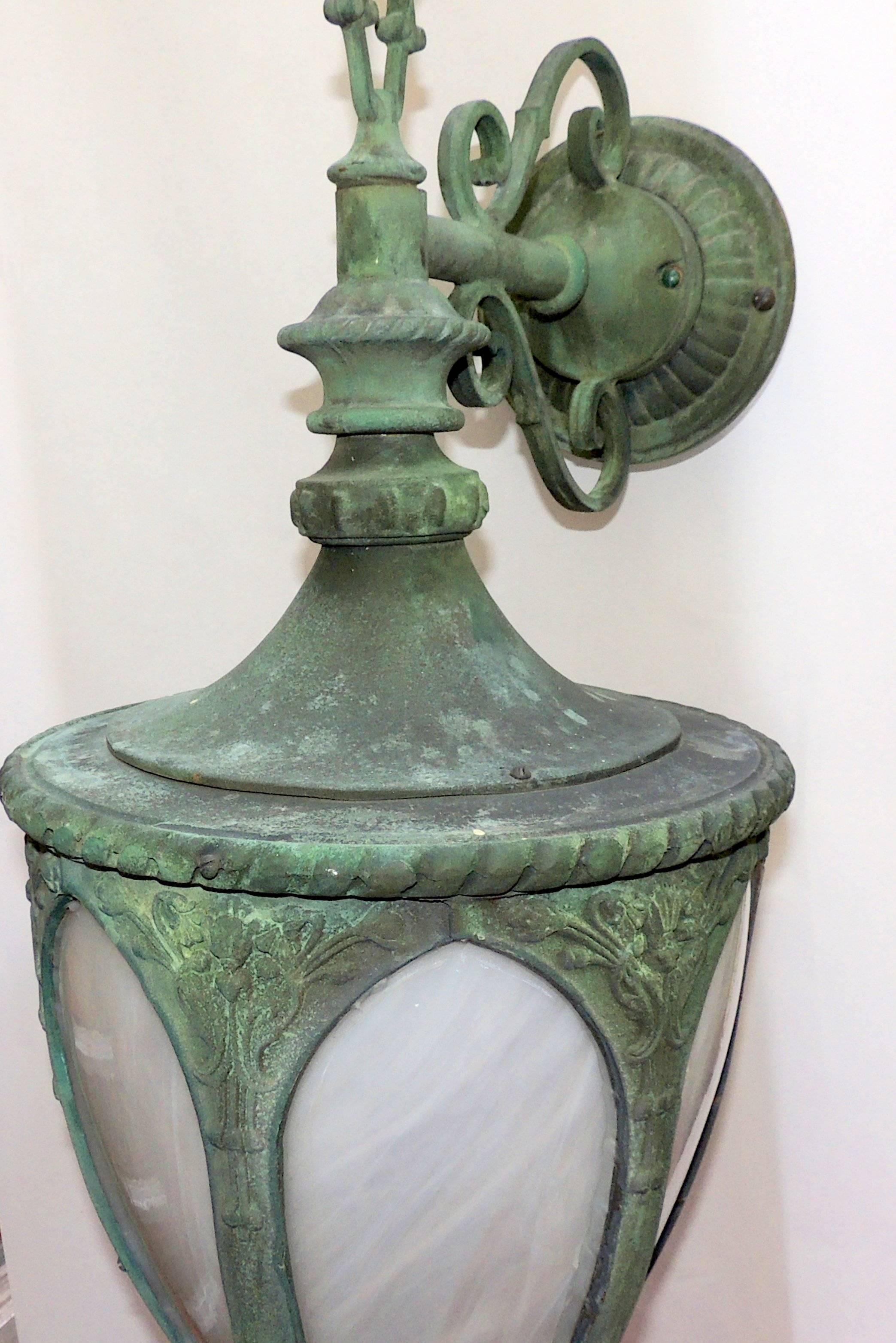 Outstanding Set of Four 19th Century Bronze Green Leaded Glass Lanterns 1
