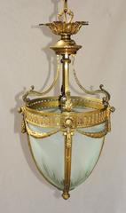 Elegant French Etched Glass & Bronze Filigree Draped Chandelier Lantern Fixture