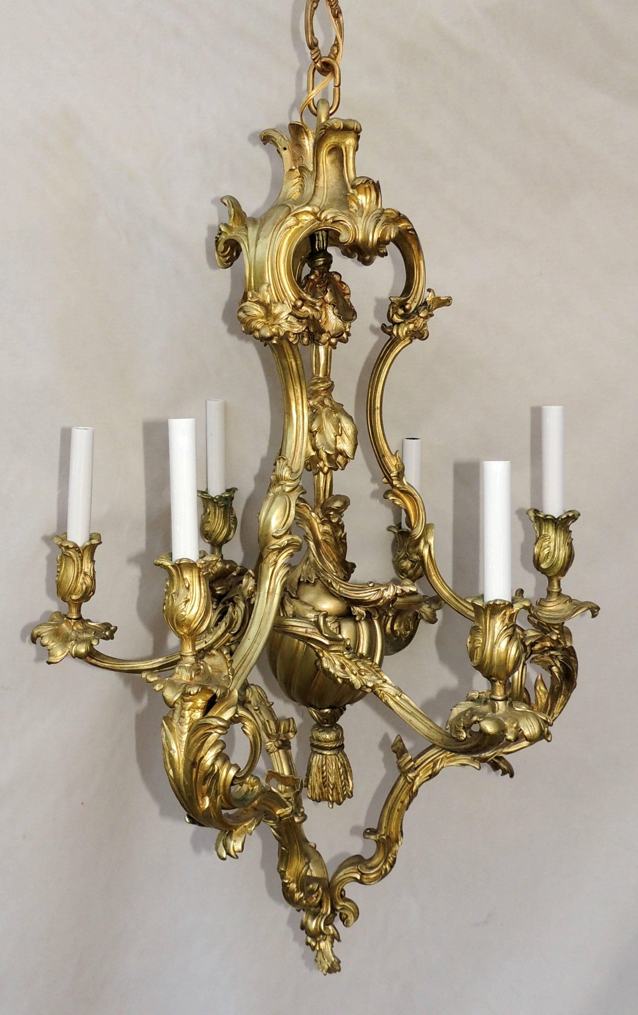 Gilt Beautiful French Rococo Doré Bronze Six-Light Elegant Chandelier Tassel Fixture For Sale