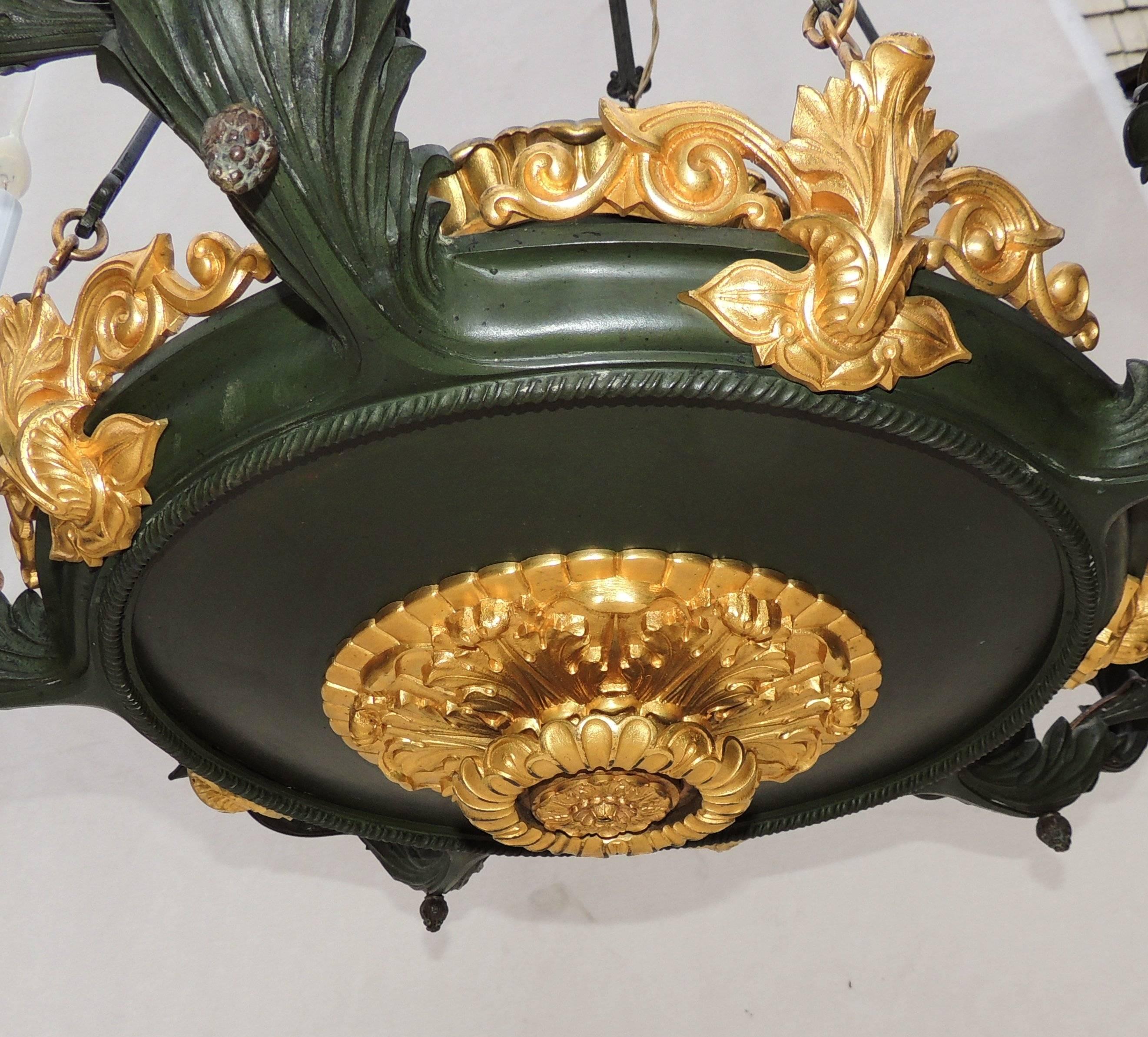 Palatial French Empire Doré Bronze and Patinated Neoclassical Chandelier Fixture For Sale 5