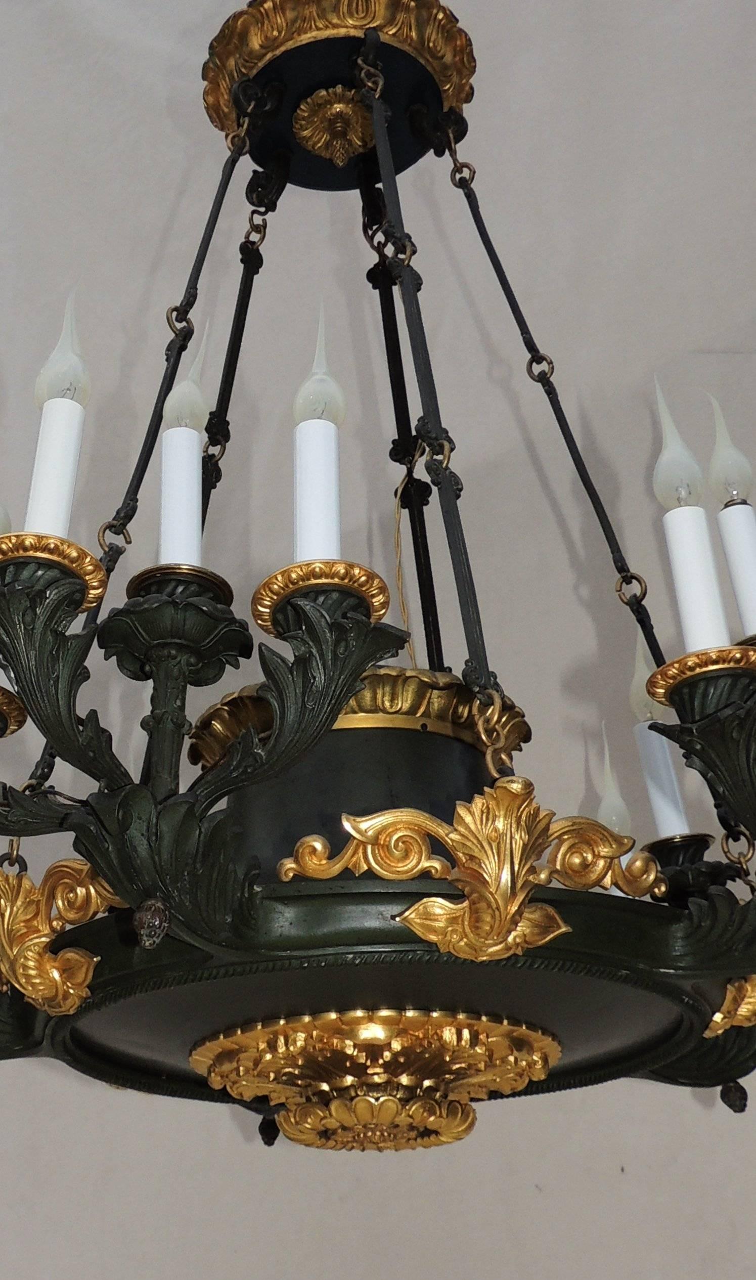 Early 20th Century Palatial French Empire Doré Bronze and Patinated Neoclassical Chandelier Fixture For Sale