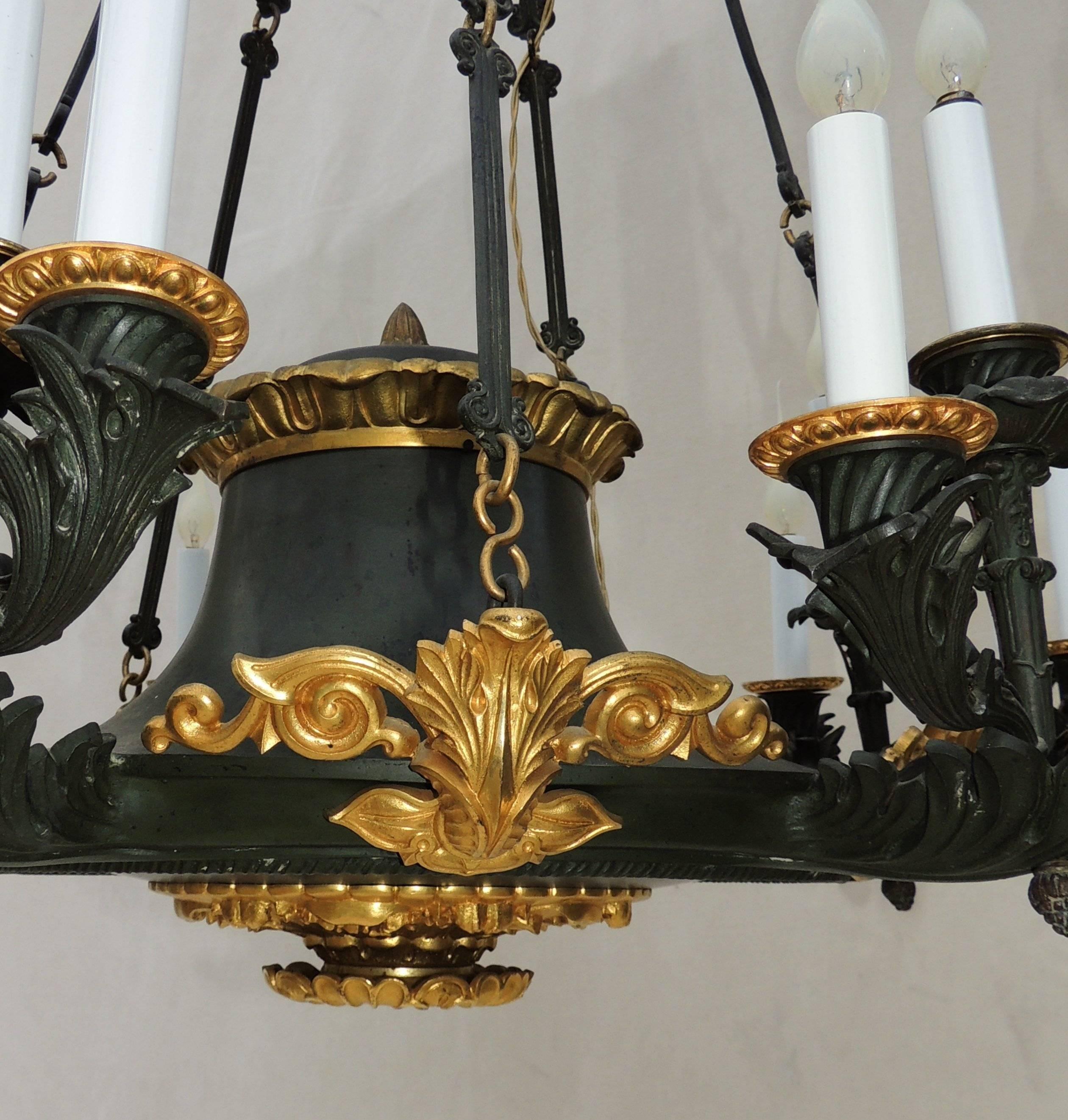 Palatial French Empire Doré Bronze and Patinated Neoclassical Chandelier Fixture For Sale 2