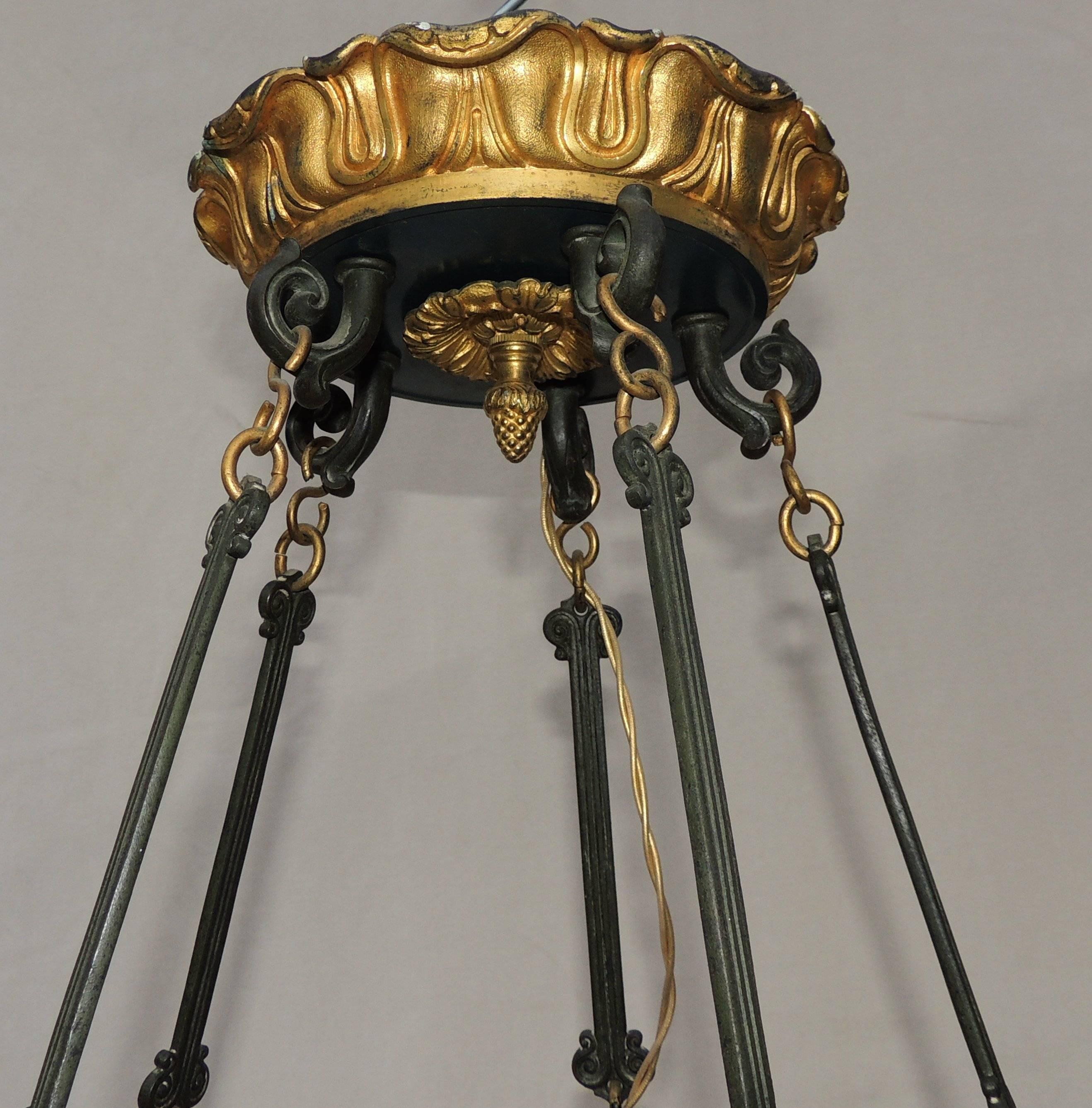 Gilt Palatial French Empire Doré Bronze and Patinated Neoclassical Chandelier Fixture For Sale