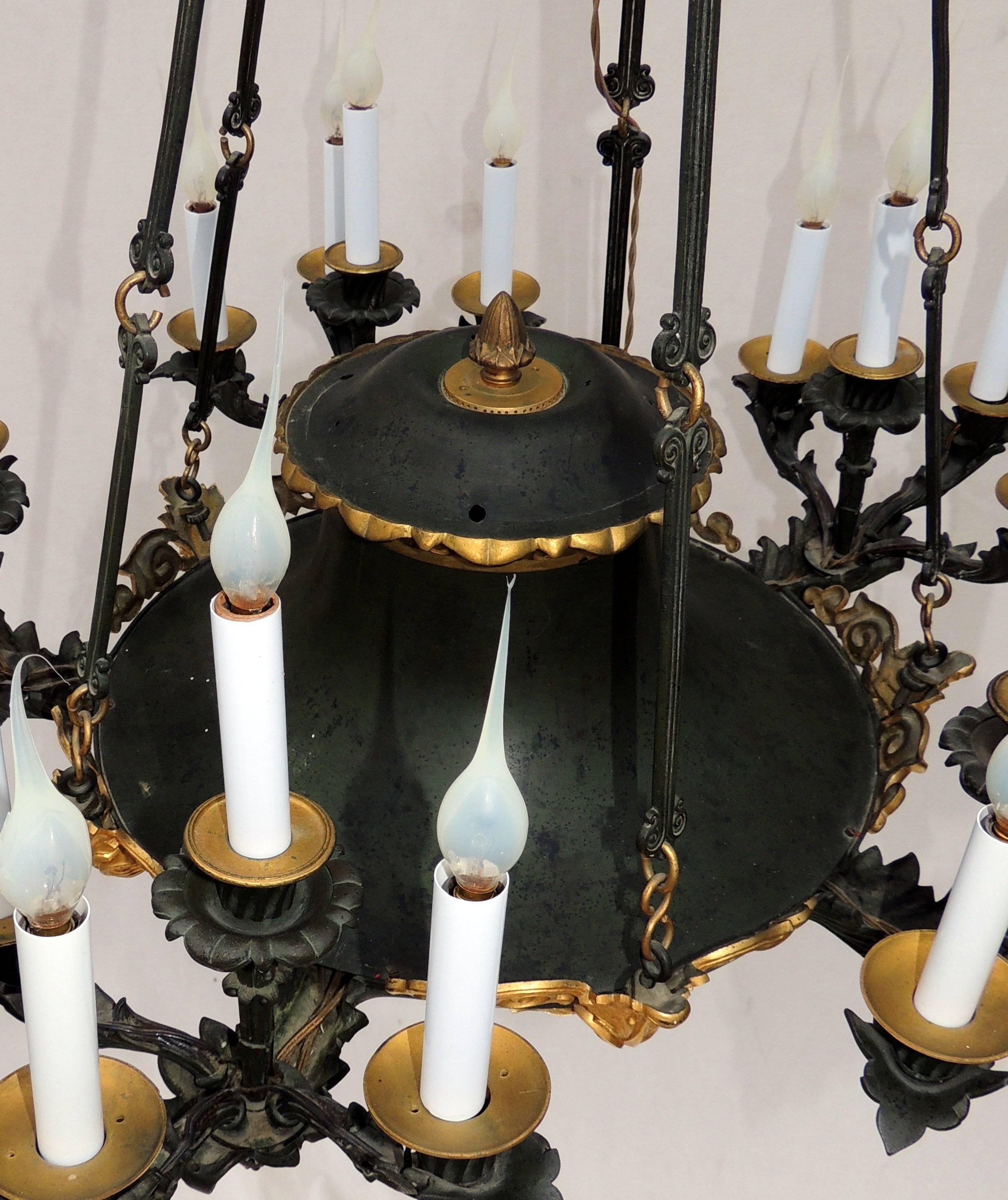 Palatial French Empire Doré Bronze and Patinated Neoclassical Chandelier Fixture For Sale 1