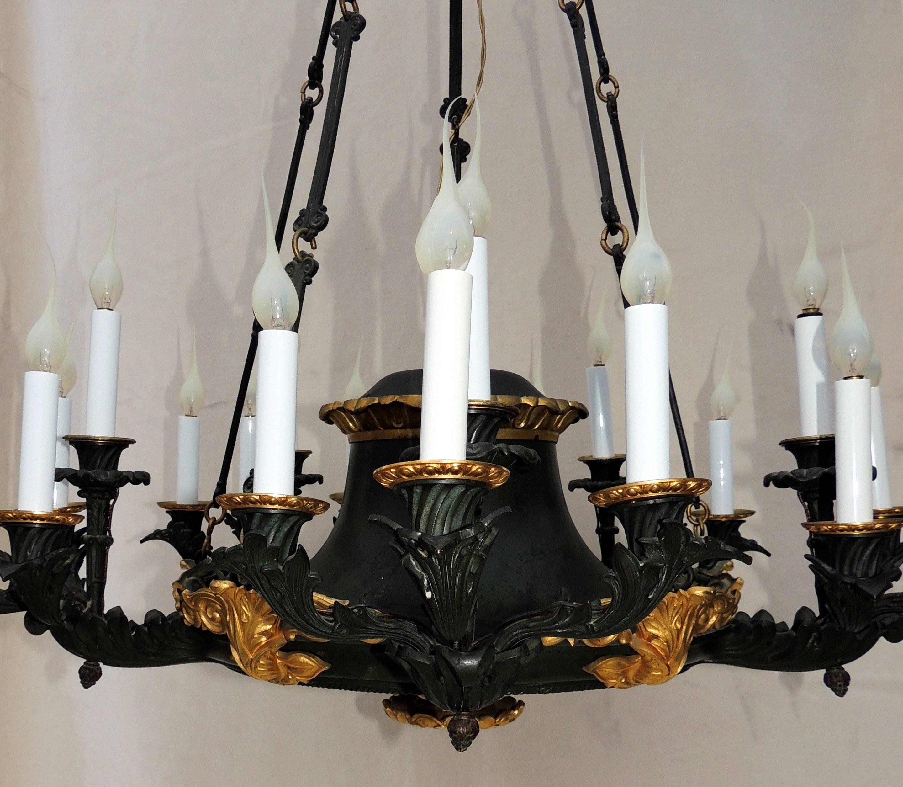 Palatial French Empire Doré Bronze and Patinated Neoclassical Chandelier Fixture For Sale 4