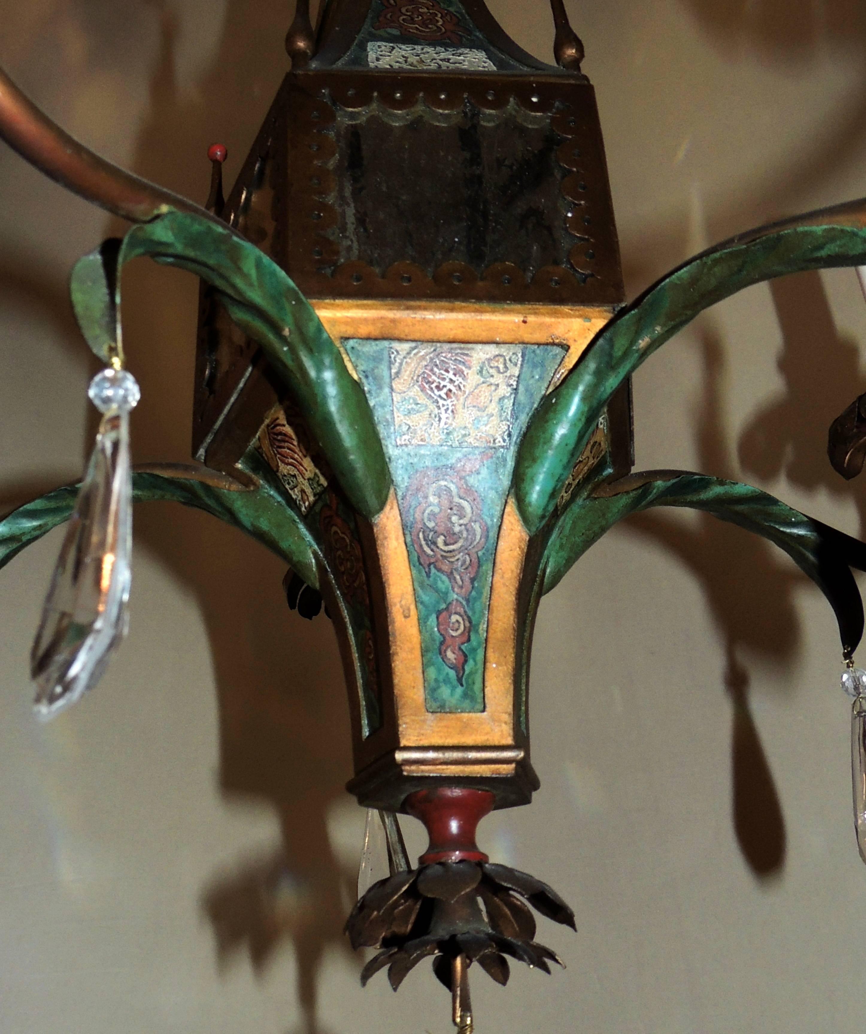 Mid-20th Century Wonderful Moroccan Tole Vintage Mirrored Crystal Fixture Hand-Painted Chandelier