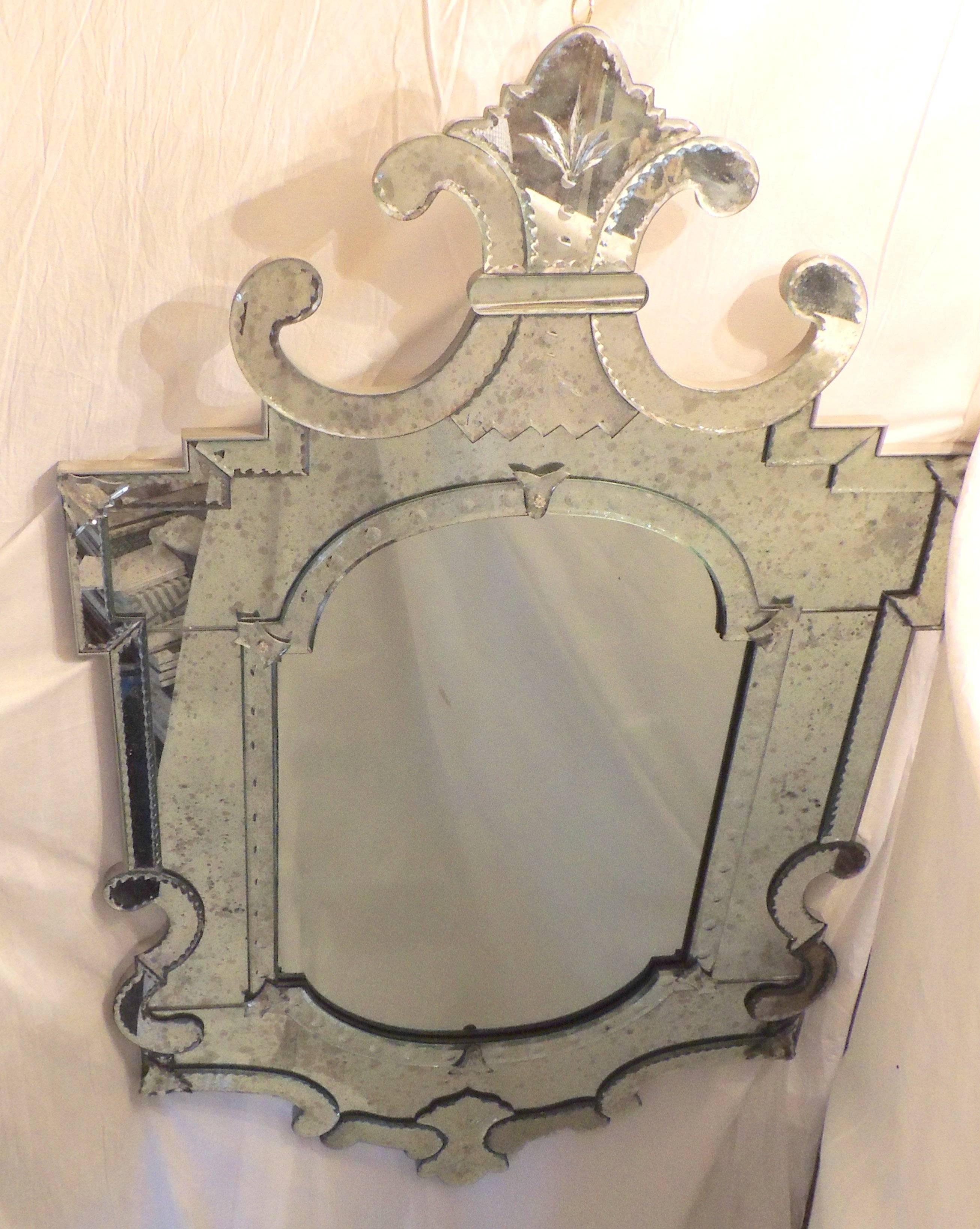 Mid-Century Modern Wonderful Large Vintage Beveled Venetian Mirror Scalloped Crown Etched Appliques