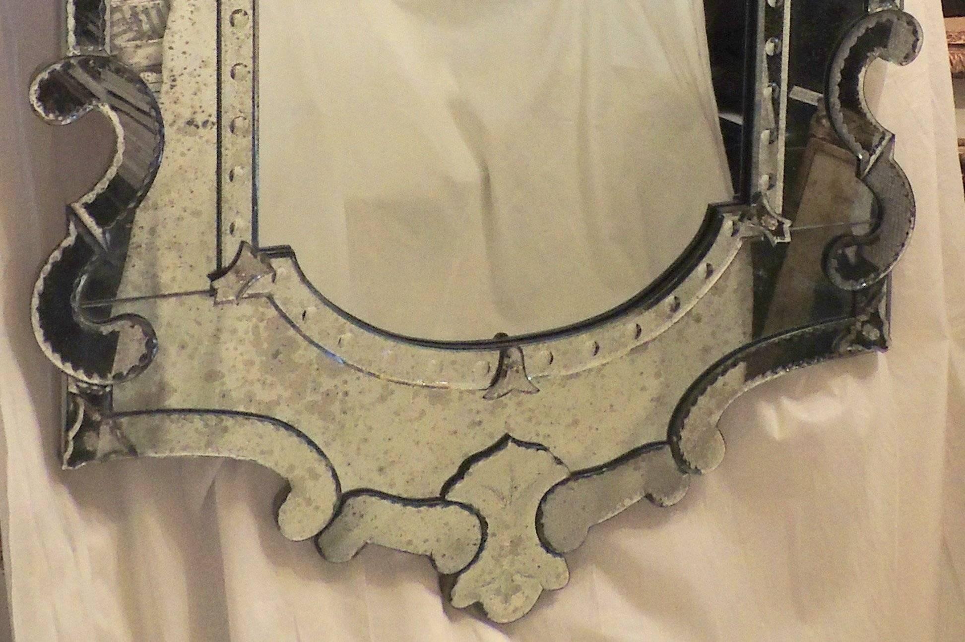 Wonderful Large Vintage Beveled Venetian Mirror Scalloped Crown Etched Appliques 1