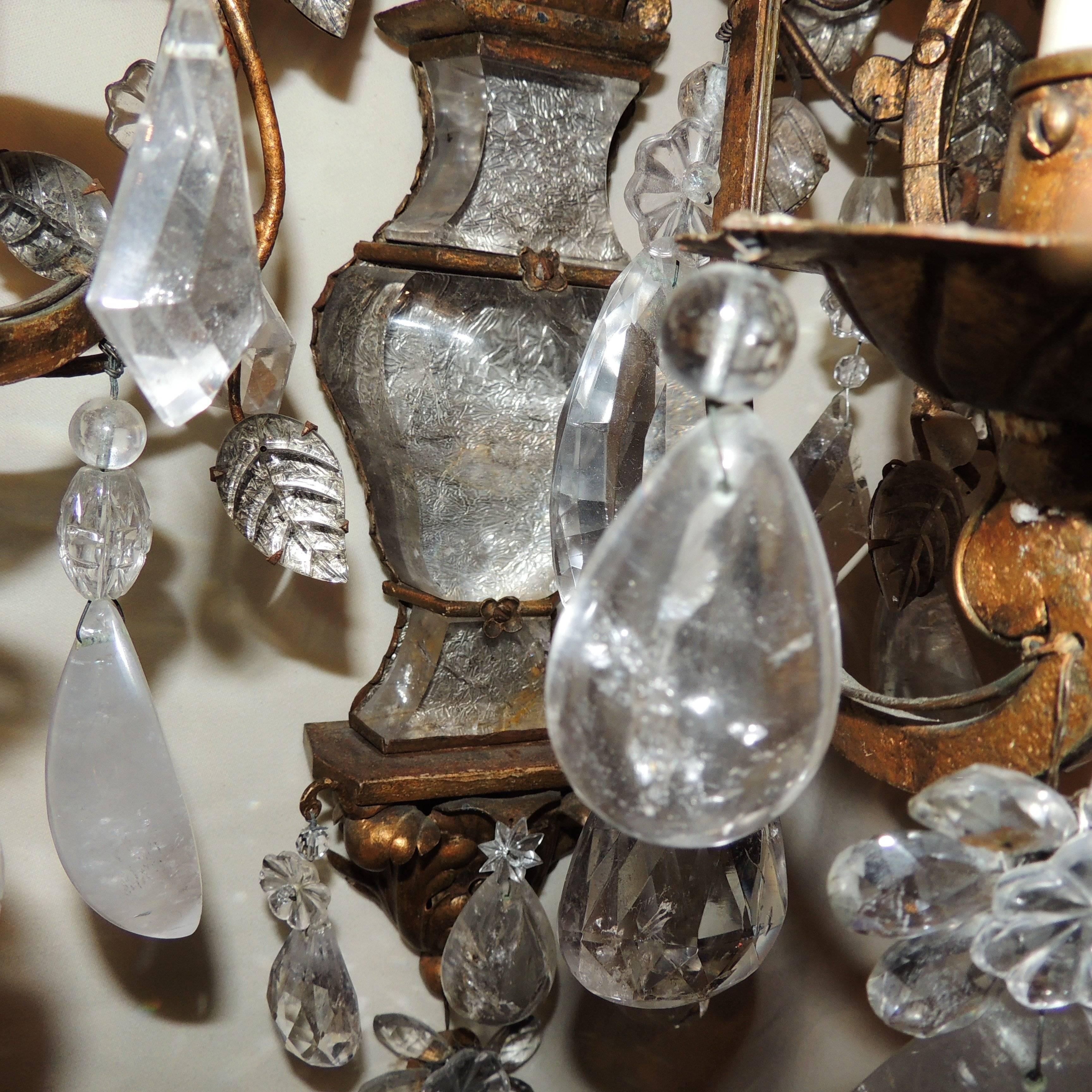 Spectacular Pair Vintage Maison Baguès Gilt Rock Crystal Palatial Wall Sconces  1