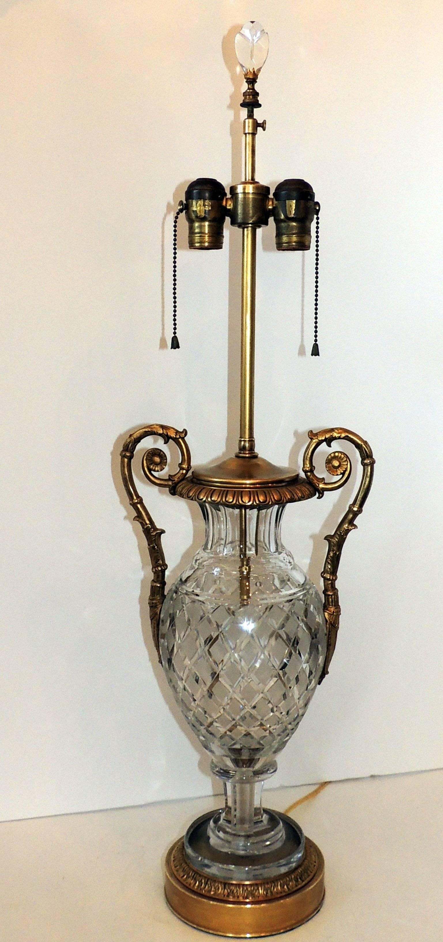 Gilt Beautiful Pair French Cut Crystal Doré Bronze Ormolu-Mounted Neoclassical Lamps For Sale
