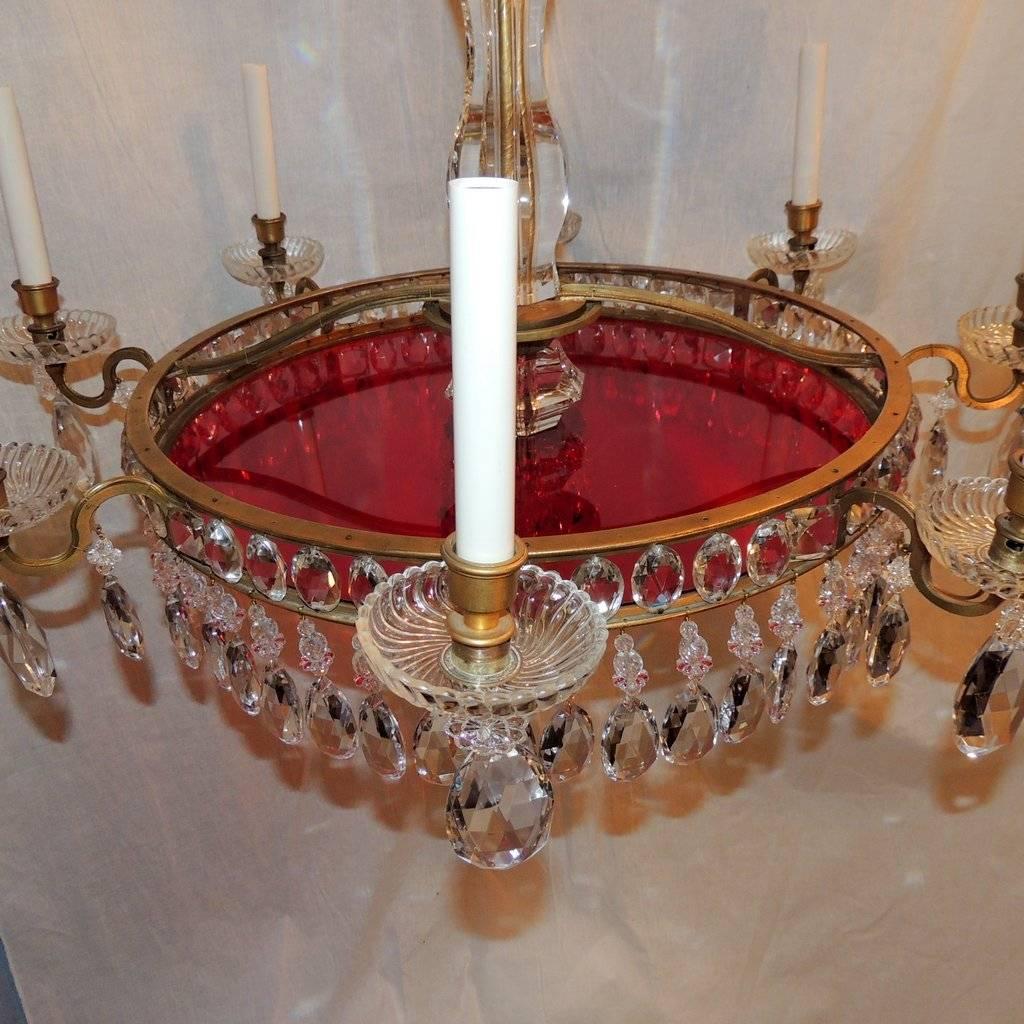 Early 20th Century Beautiful Neoclassical 8-Light French Gilt Bronze Red Crystal Baltic Chandelier For Sale