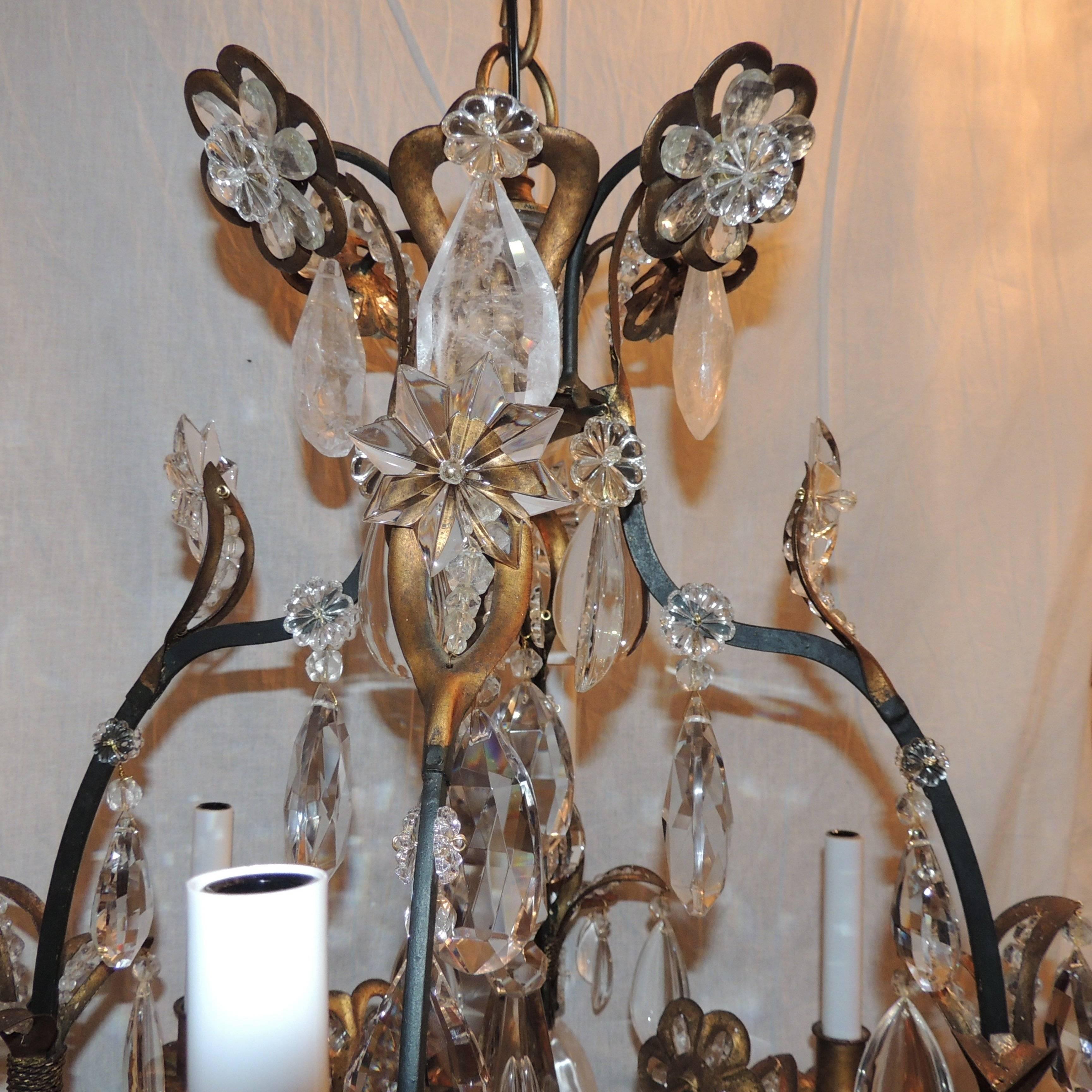 Blackened Wonderful Set Three 3 Bagues French Eight Light Rock Gilt Crystal Chandeliers 