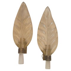 Maravillosa Pareja Barovier & Toso Murano Lámparas de latón de vidrio soplado Artístico Hoja Grande