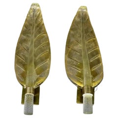 Wonderful Pair Barovier & Toso Murano Large Leaf Art Blown Glass Brass Sconces