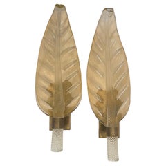 Meravigliosa coppia di Barovier&Toso, lampade in ottone in vetro soffiato a foglia grande di Murano