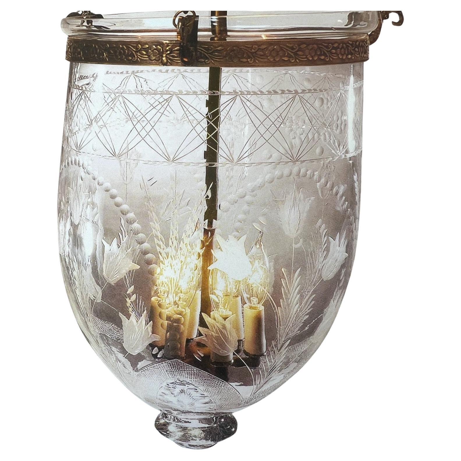Wonderful pair of large etched bell jar lantern fixtures