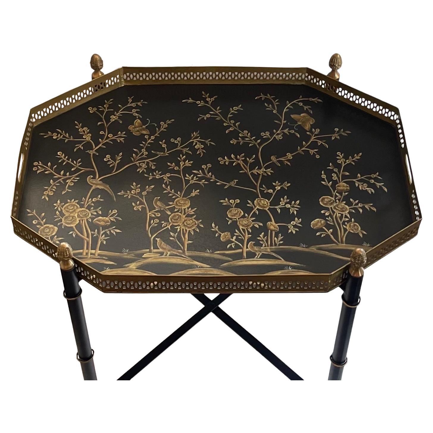 A Wonderful Pair Of Bamboo Form Base Rectangular Hand Painted Tole Black With Gold Coffee / Cocktail / End / Removable Tray Tables

Two Available 
Each Sold Individually 