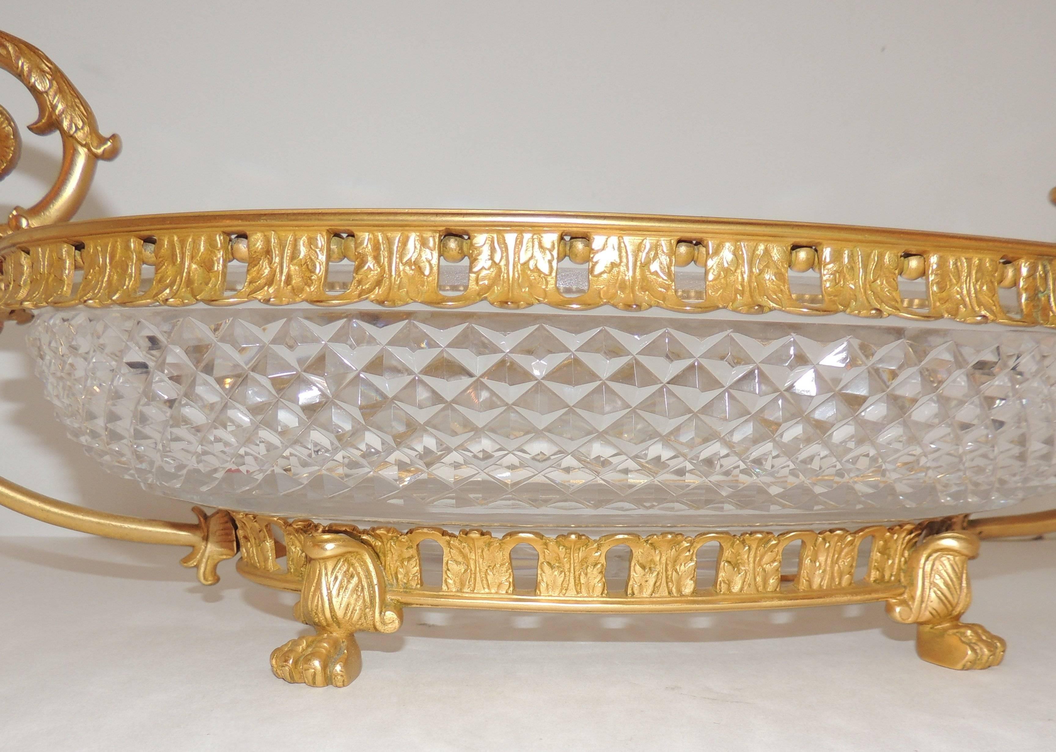 Neoclassical Wonderful French Dore Bronze and Cut Crystal Oval Centerpiece Lions Feet Handles