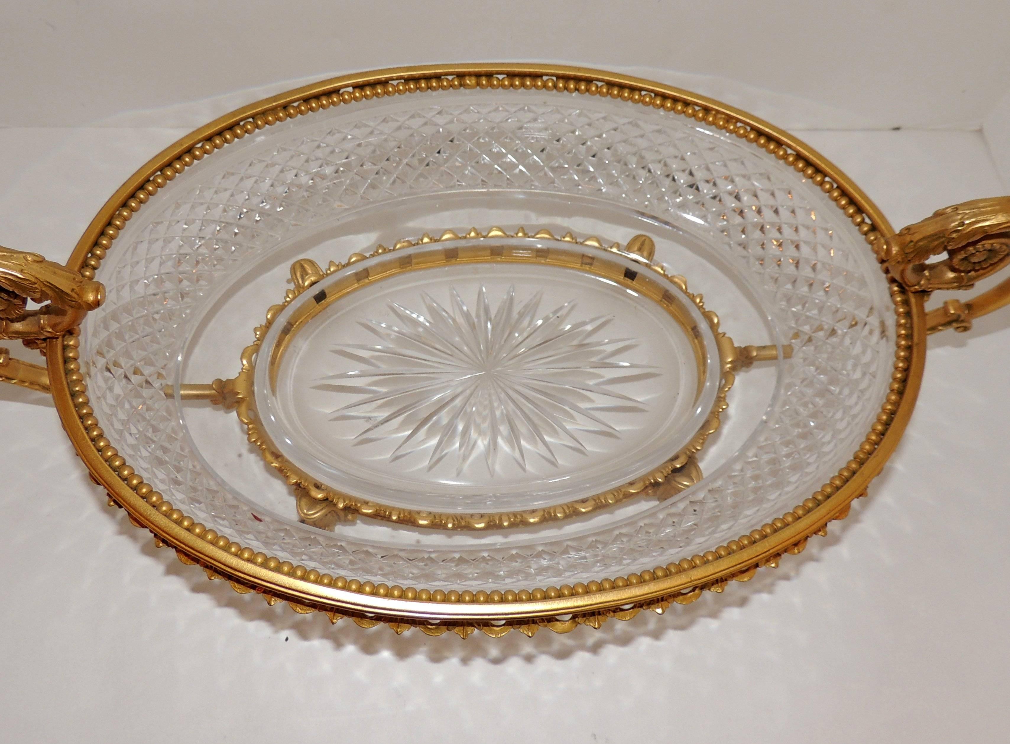 Gilt Wonderful French Dore Bronze and Cut Crystal Oval Centerpiece Lions Feet Handles