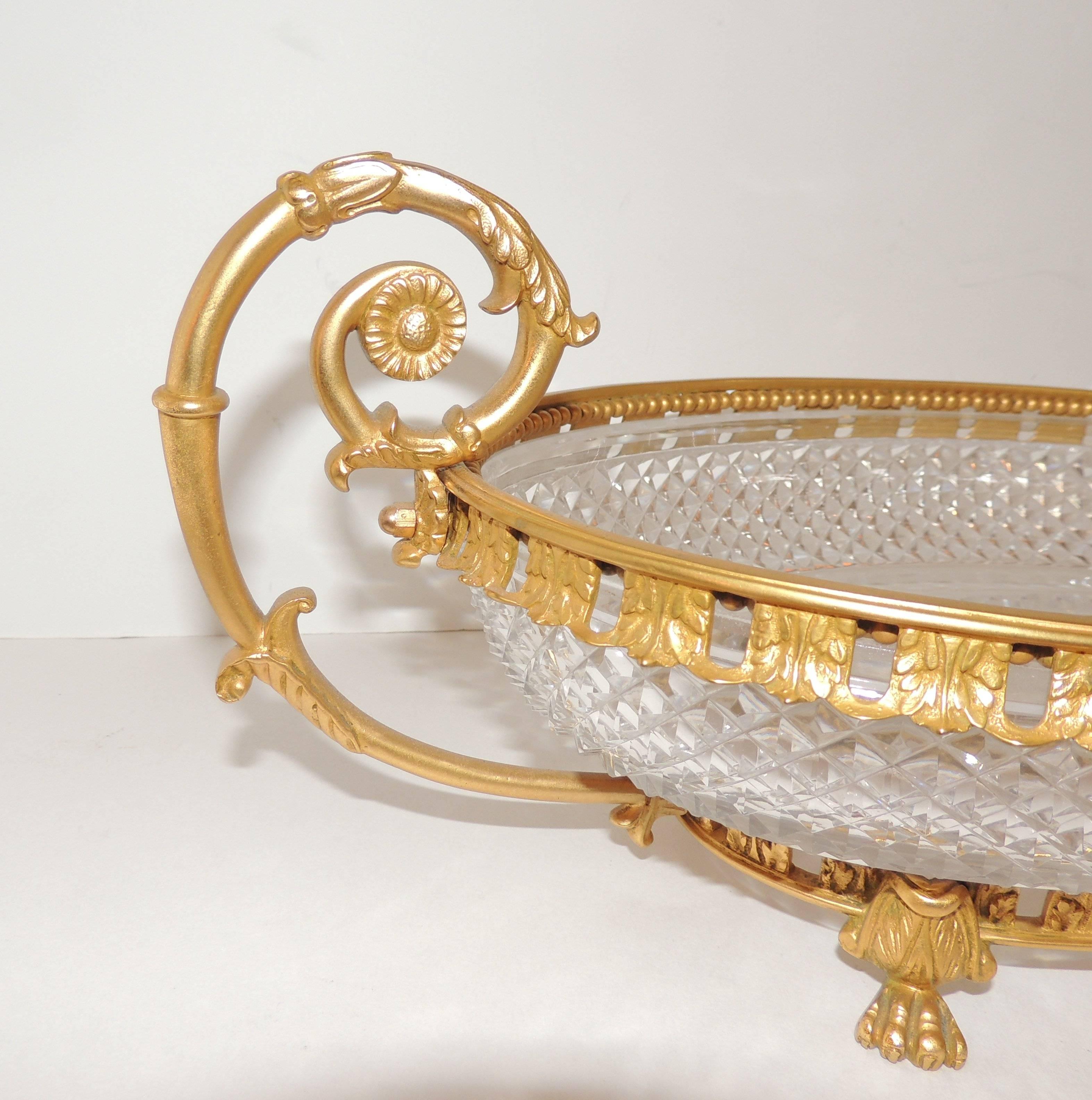 Wonderful French Dore Bronze and Cut Crystal Oval Centerpiece Lions Feet Handles In Good Condition In Roslyn, NY
