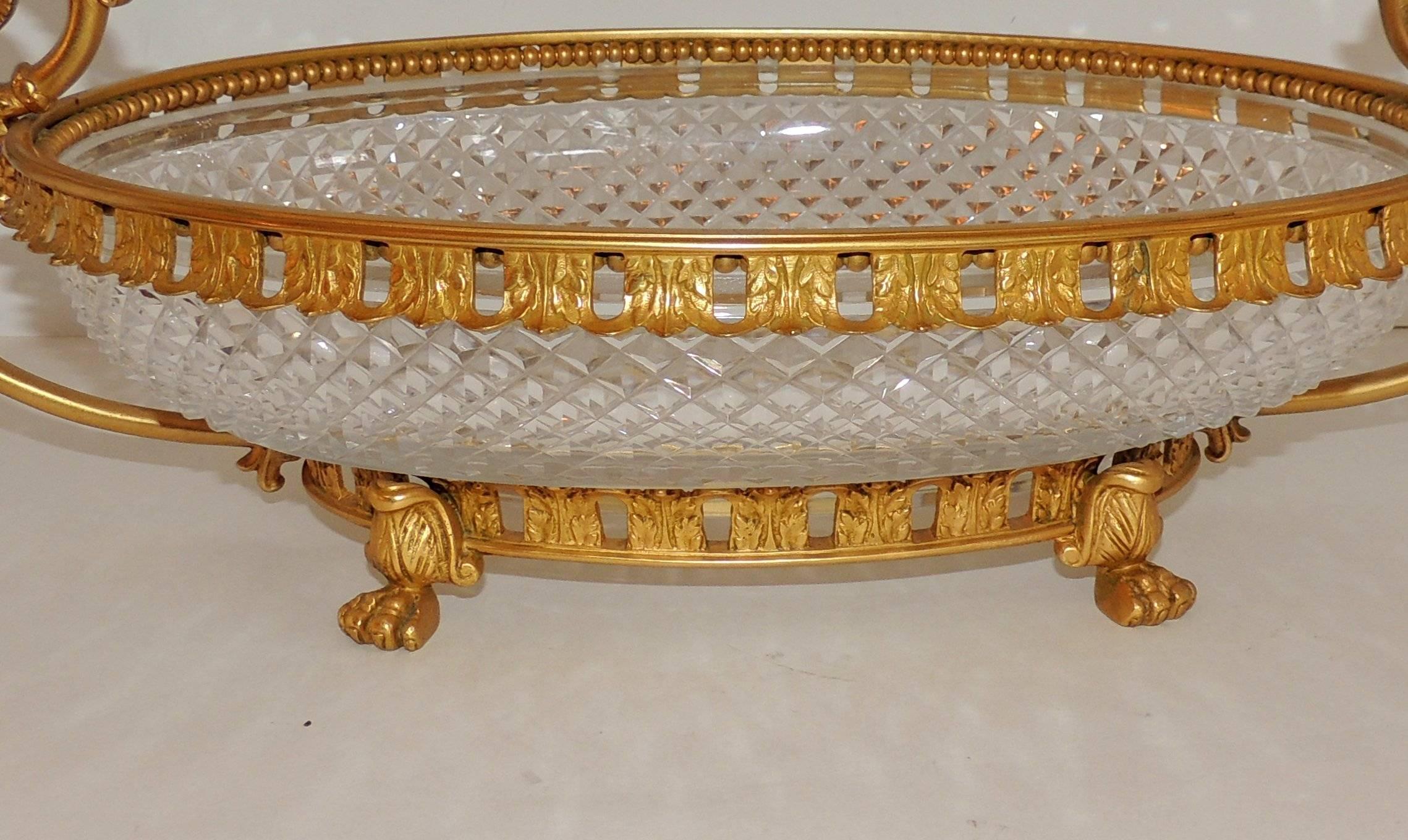 19th Century Wonderful French Dore Bronze and Cut Crystal Oval Centerpiece Lions Feet Handles