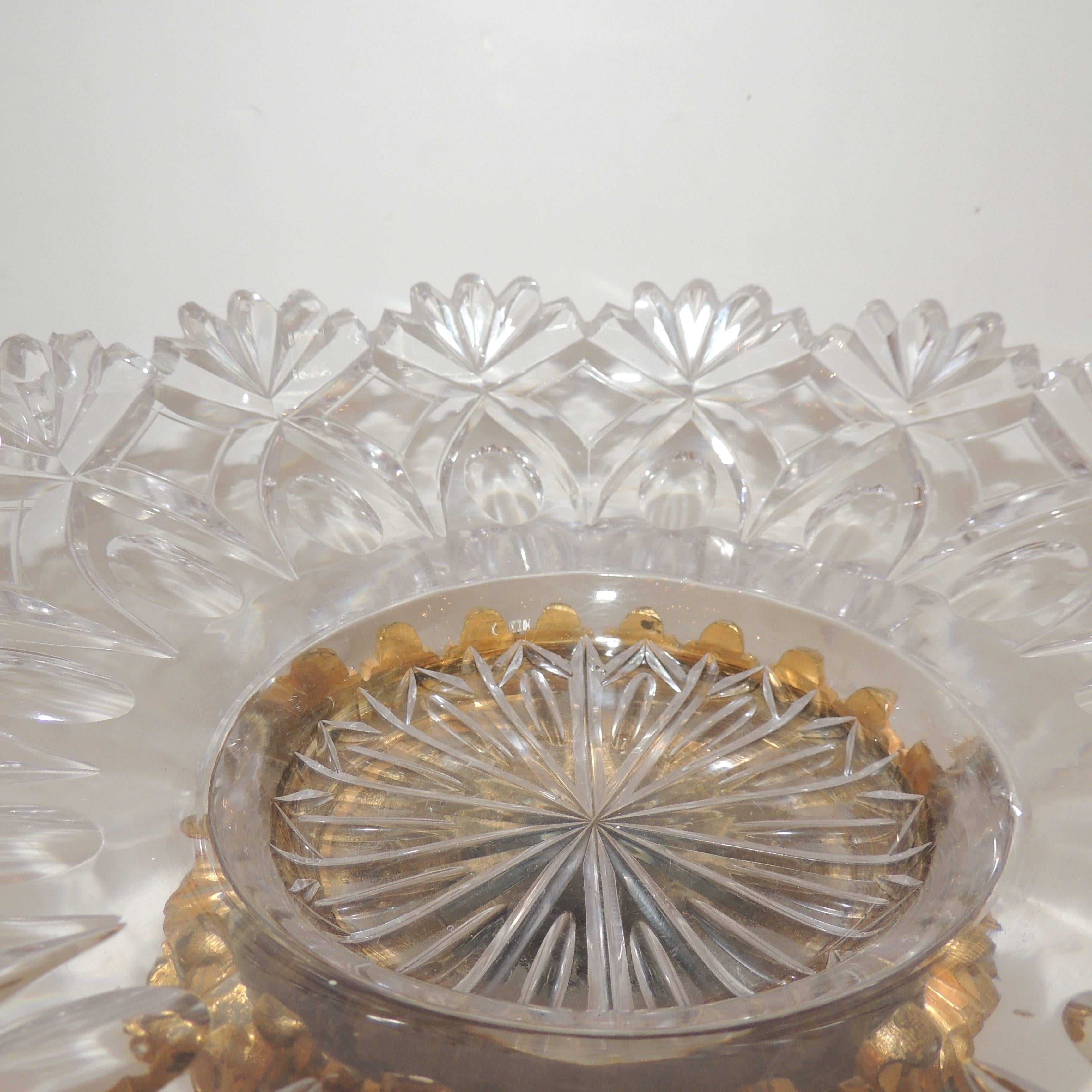 Faceted Wonderful French Dore Bronze & Cut Crystal Round Centerpiece Gilt Bows and Swags