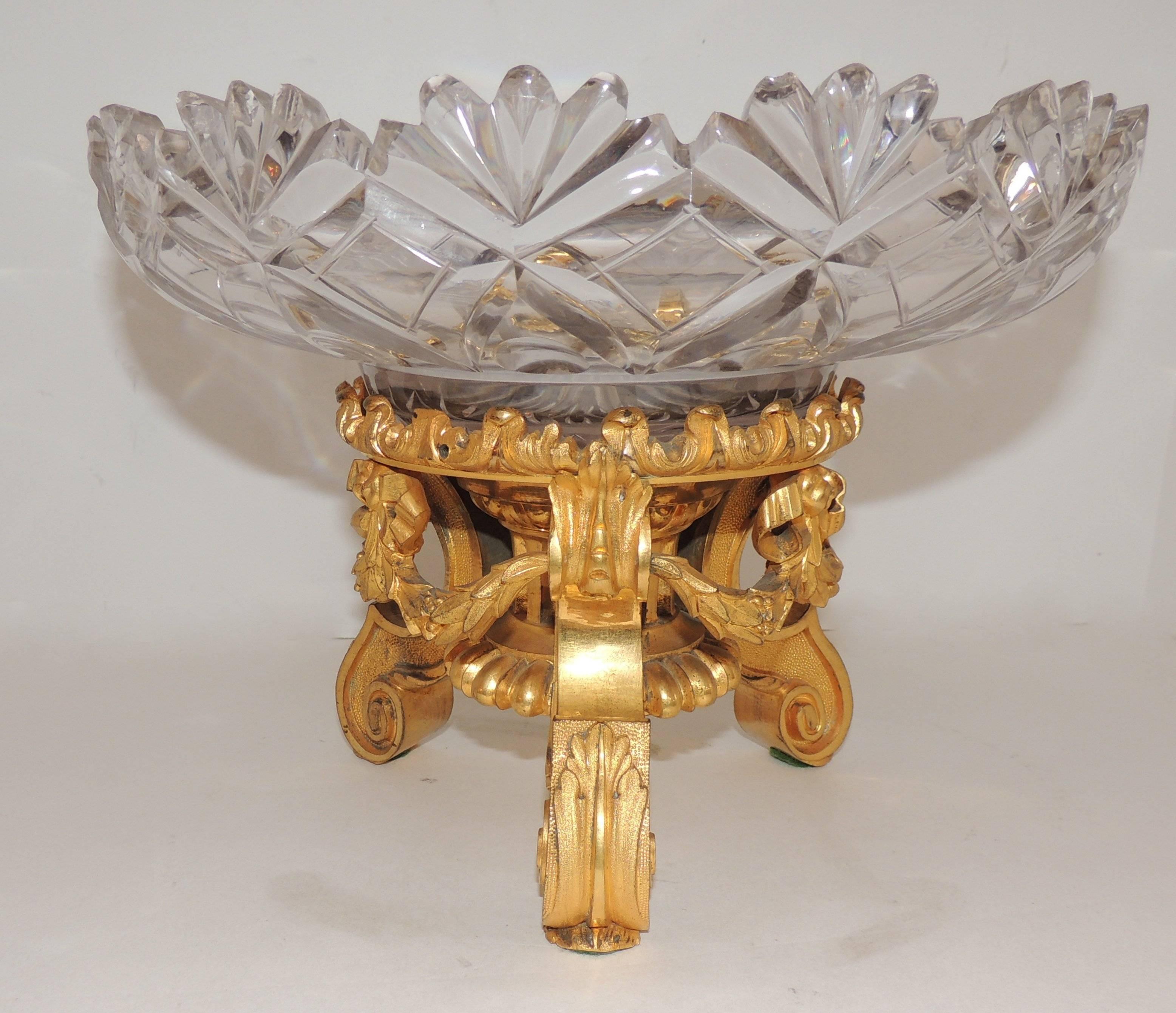 Wonderful French Dore Bronze & Cut Crystal Round Centerpiece Gilt Bows and Swags In Good Condition In Roslyn, NY