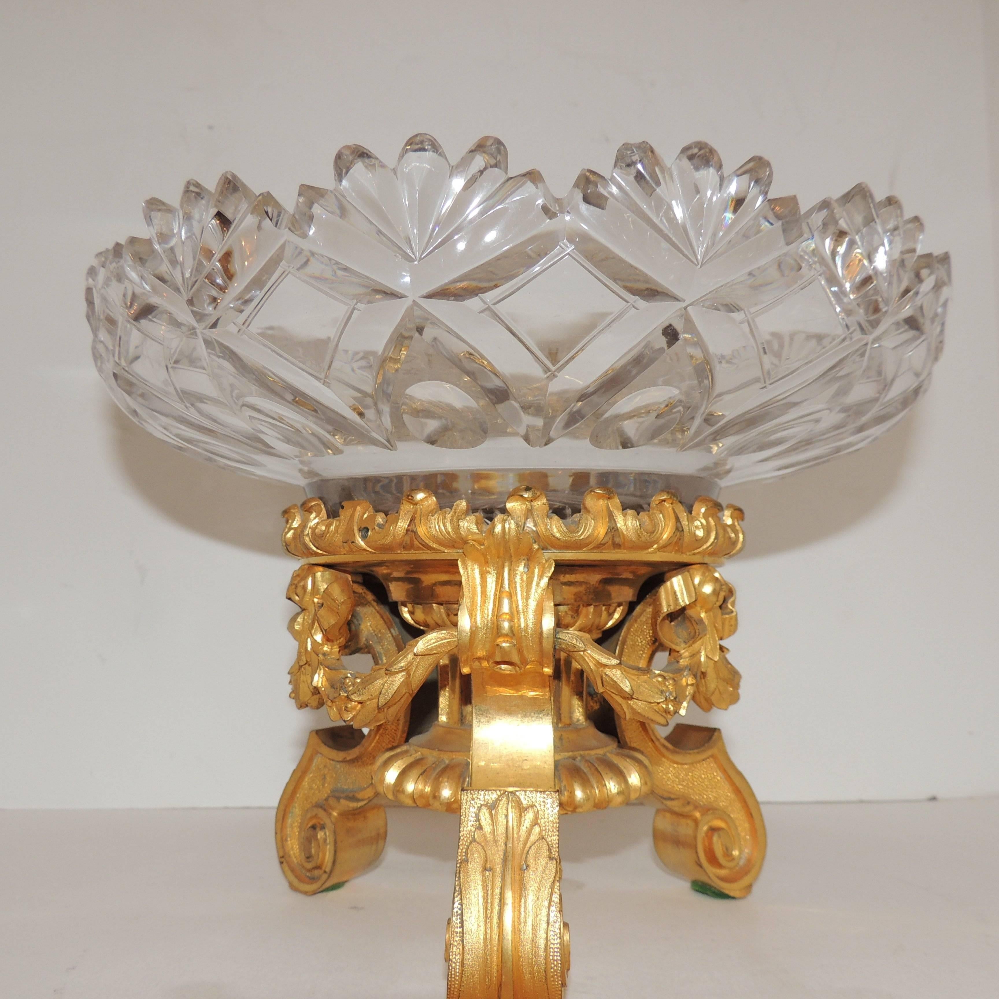 Early 20th Century Wonderful French Dore Bronze & Cut Crystal Round Centerpiece Gilt Bows and Swags
