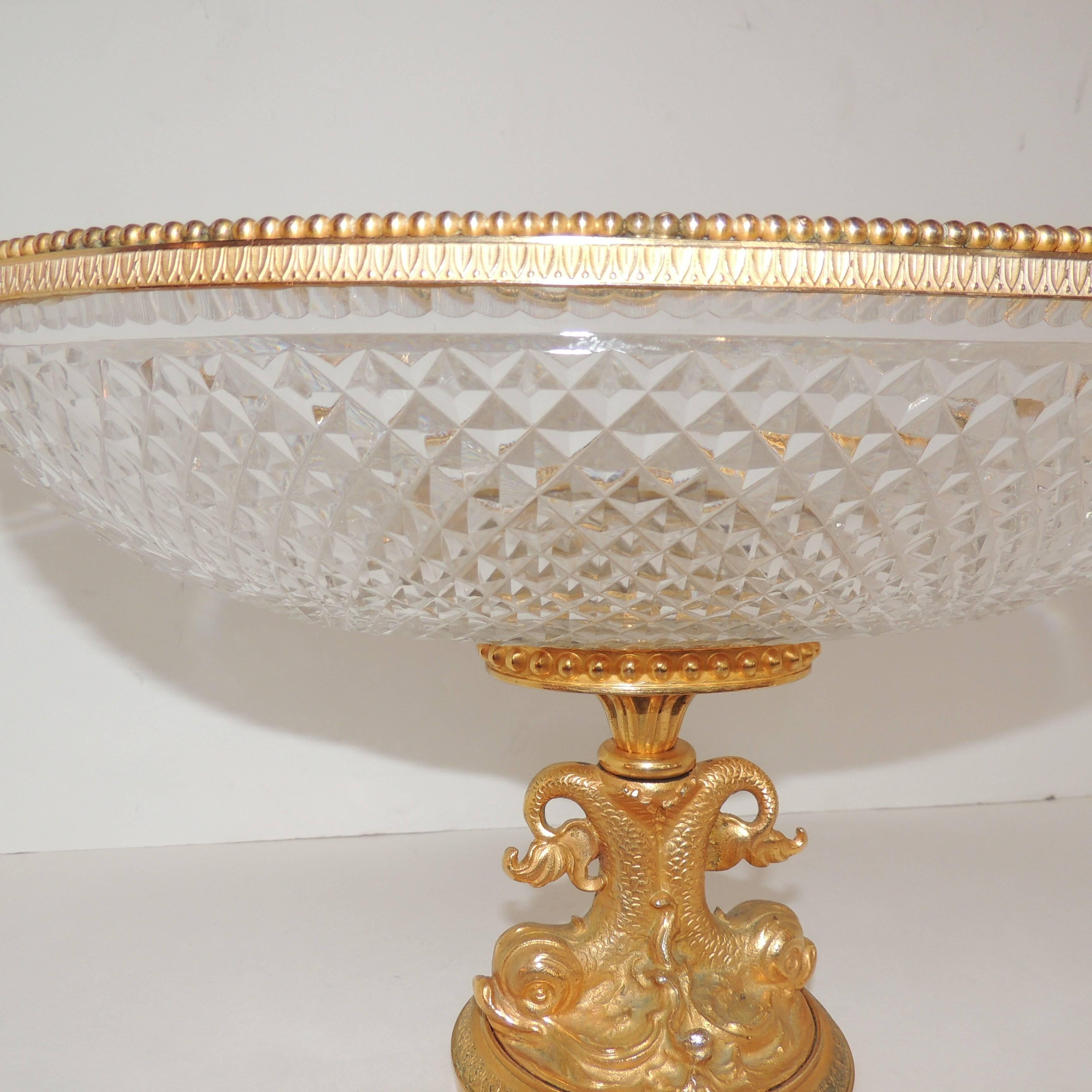 Neoclassical Wonderful French Cut Crystal and Dore Gilt Bronze Dolphin Motif Oval Centerpiece