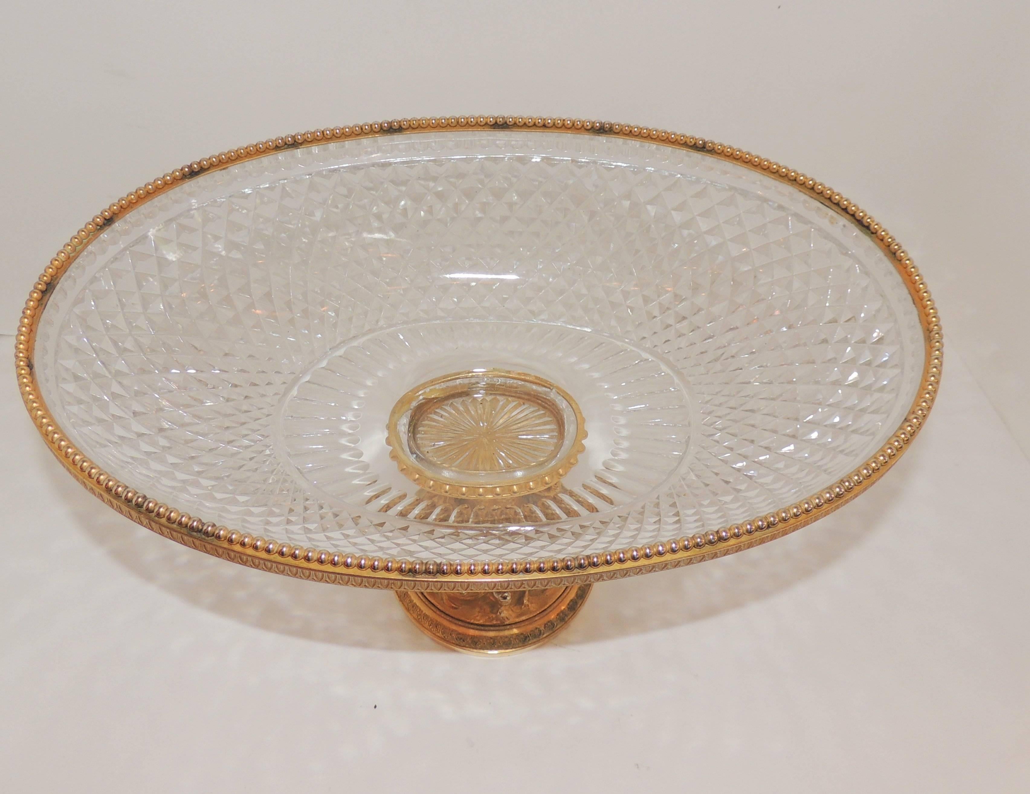 Faceted Wonderful French Cut Crystal and Dore Gilt Bronze Dolphin Motif Oval Centerpiece