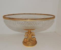 Wonderful French Cut Crystal and Dore Gilt Bronze Dolphin Motif Oval Centerpiece