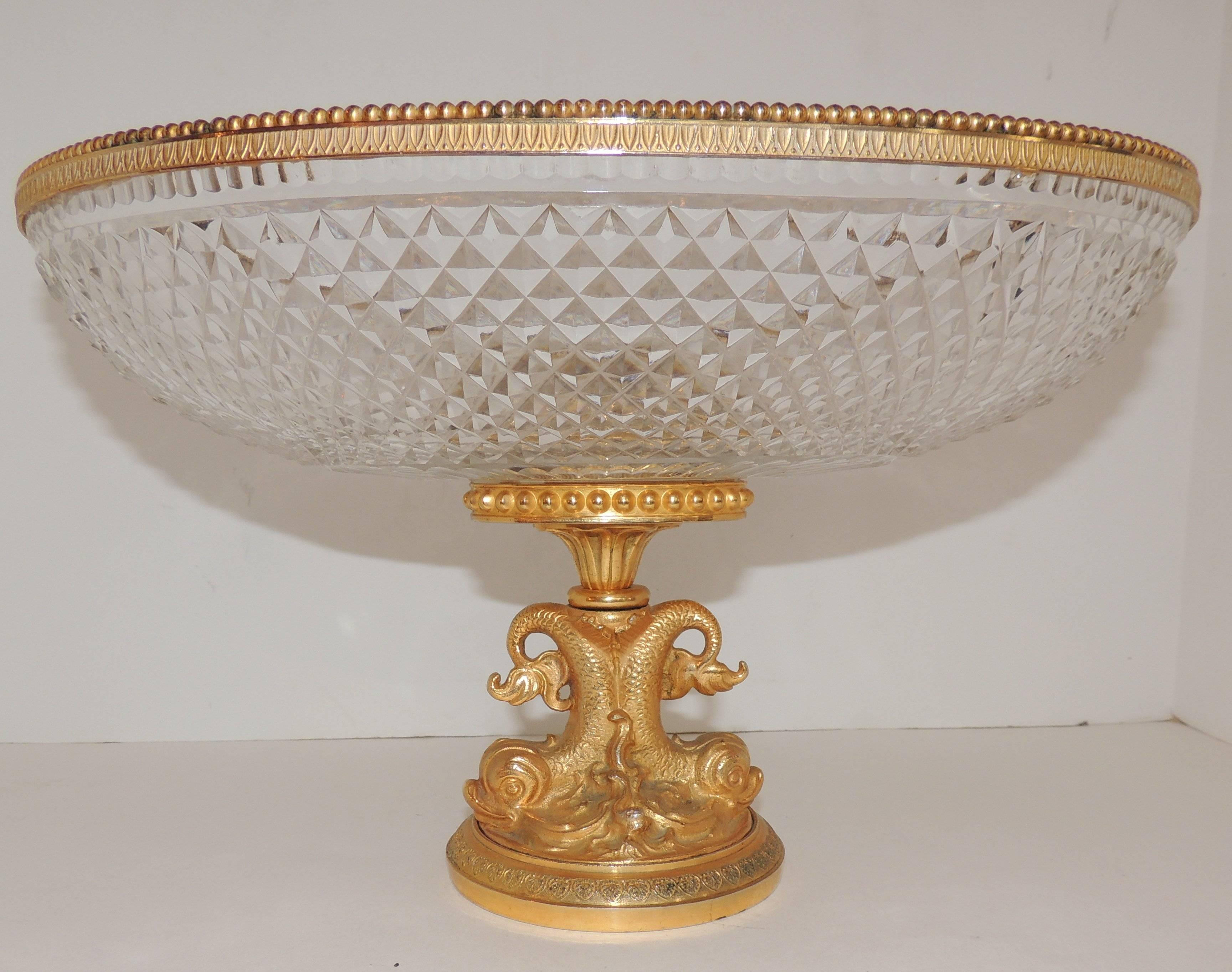 Wonderful French Cut Crystal and Dore Gilt Bronze Dolphin Motif Oval Centerpiece In Good Condition In Roslyn, NY