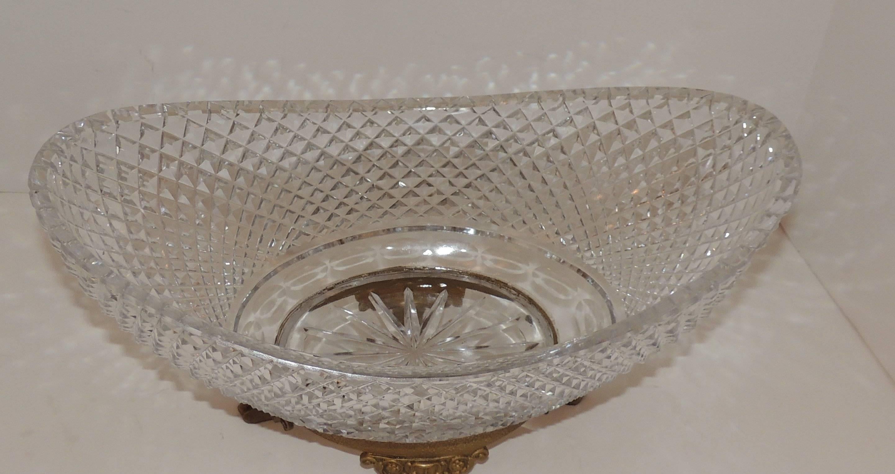Belle Époque Wonderful French Dore Bronze Paw Foot Diamond Cut Crystal Gilt Oval Centerpiece