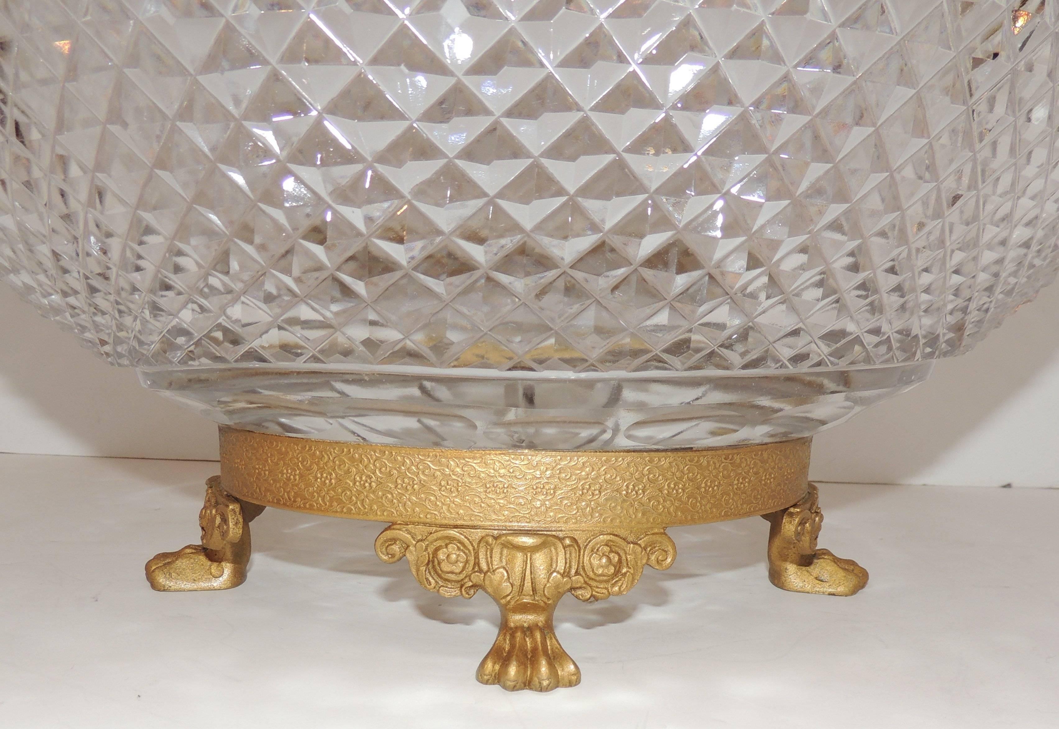 Faceted Wonderful French Dore Bronze Paw Foot Diamond Cut Crystal Gilt Oval Centerpiece