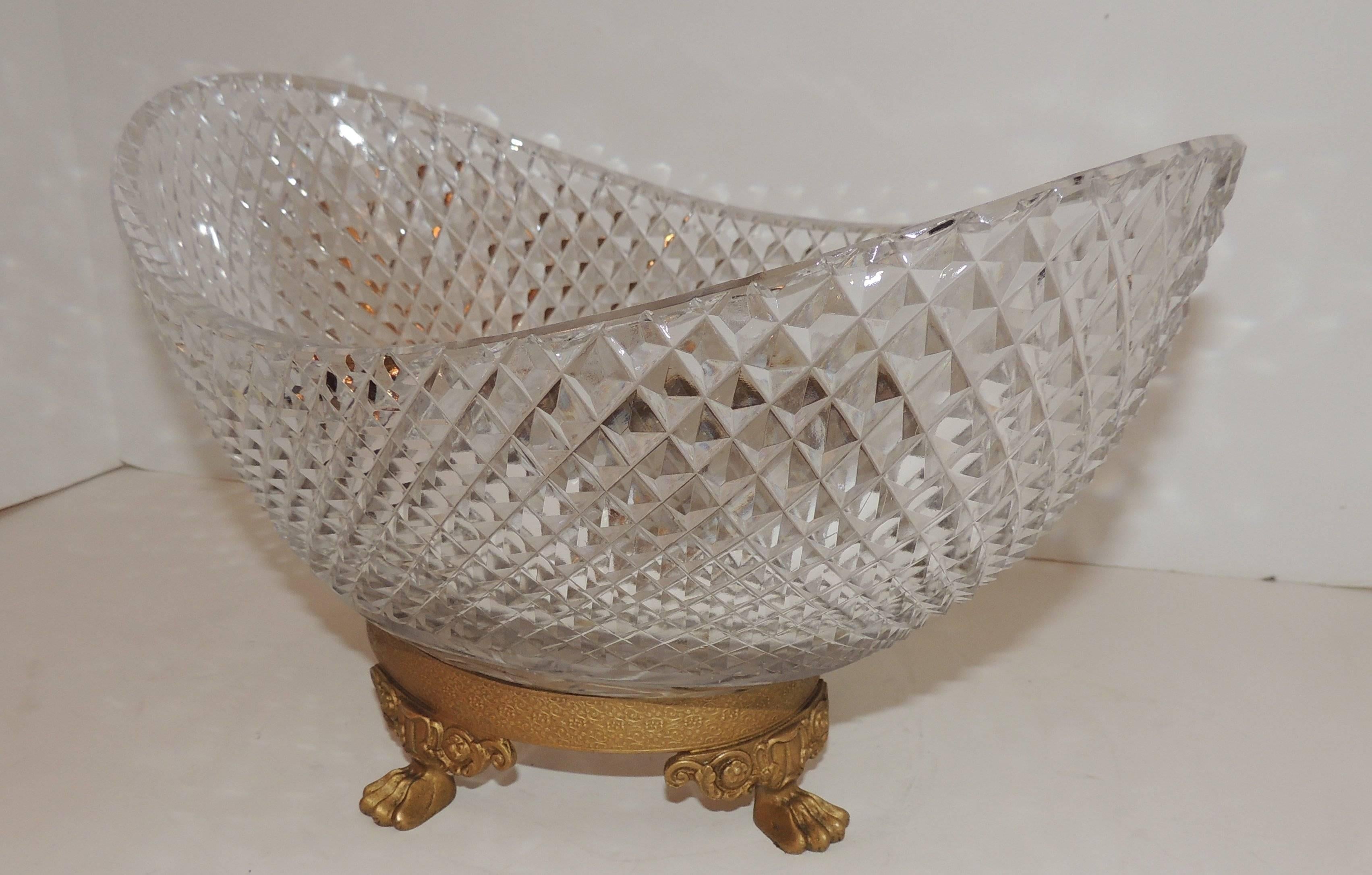 Wonderful French Dore Bronze Paw Foot Diamond Cut Crystal Gilt Oval Centerpiece In Good Condition In Roslyn, NY