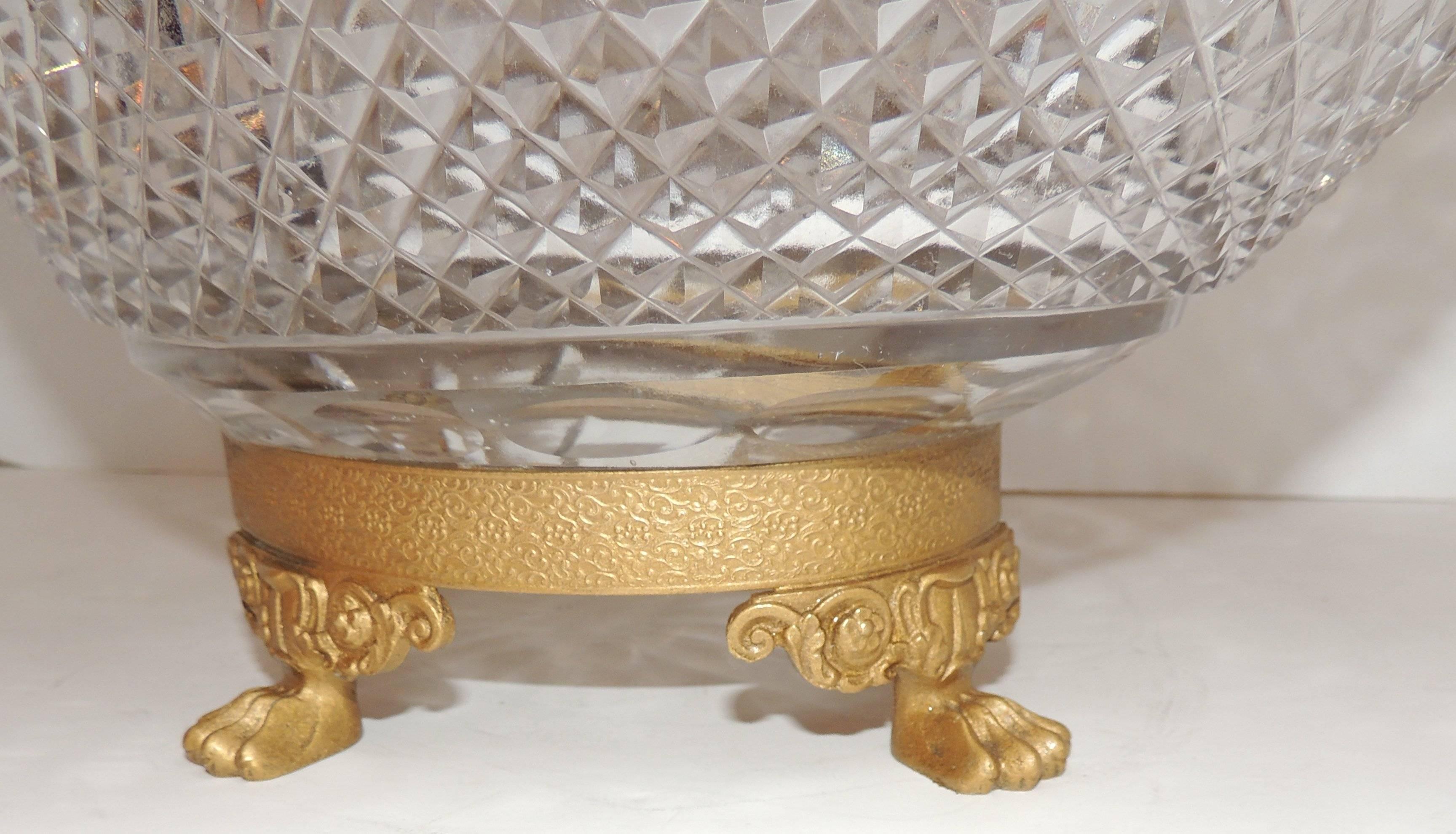 Mid-20th Century Wonderful French Dore Bronze Paw Foot Diamond Cut Crystal Gilt Oval Centerpiece
